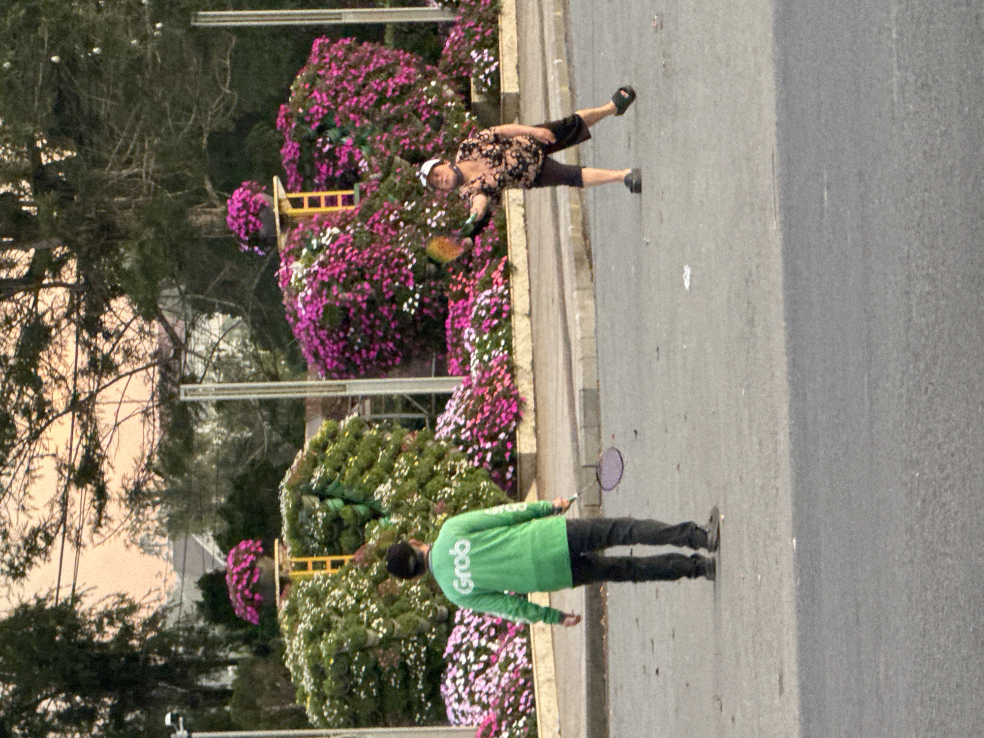 In Phường Xuân Hương - Đà Lạt, Vietnam, two individuals are engaged in a game of badminton on a paved surface, likely a street or park area. The person on the left, facing away from the camera, is wearing a bright green long-sleeved shirt with the "Grab" logo visible and dark pants. They are holding a badminton racket in their right hand. To the right, another person, facing towards the camera, is wearing a patterned short-sleeved shirt, dark shorts, a white cap, and a dark mask around their neck. They are actively playing badminton, holding a racket in their left hand. The background features abundant floral landscaping, with large bushes of pink and white flowers, and trees. In the distance, structures and more greenery are visible. The overall setting suggests an outdoor recreational activity taking place within a visually vibrant urban or park environment.