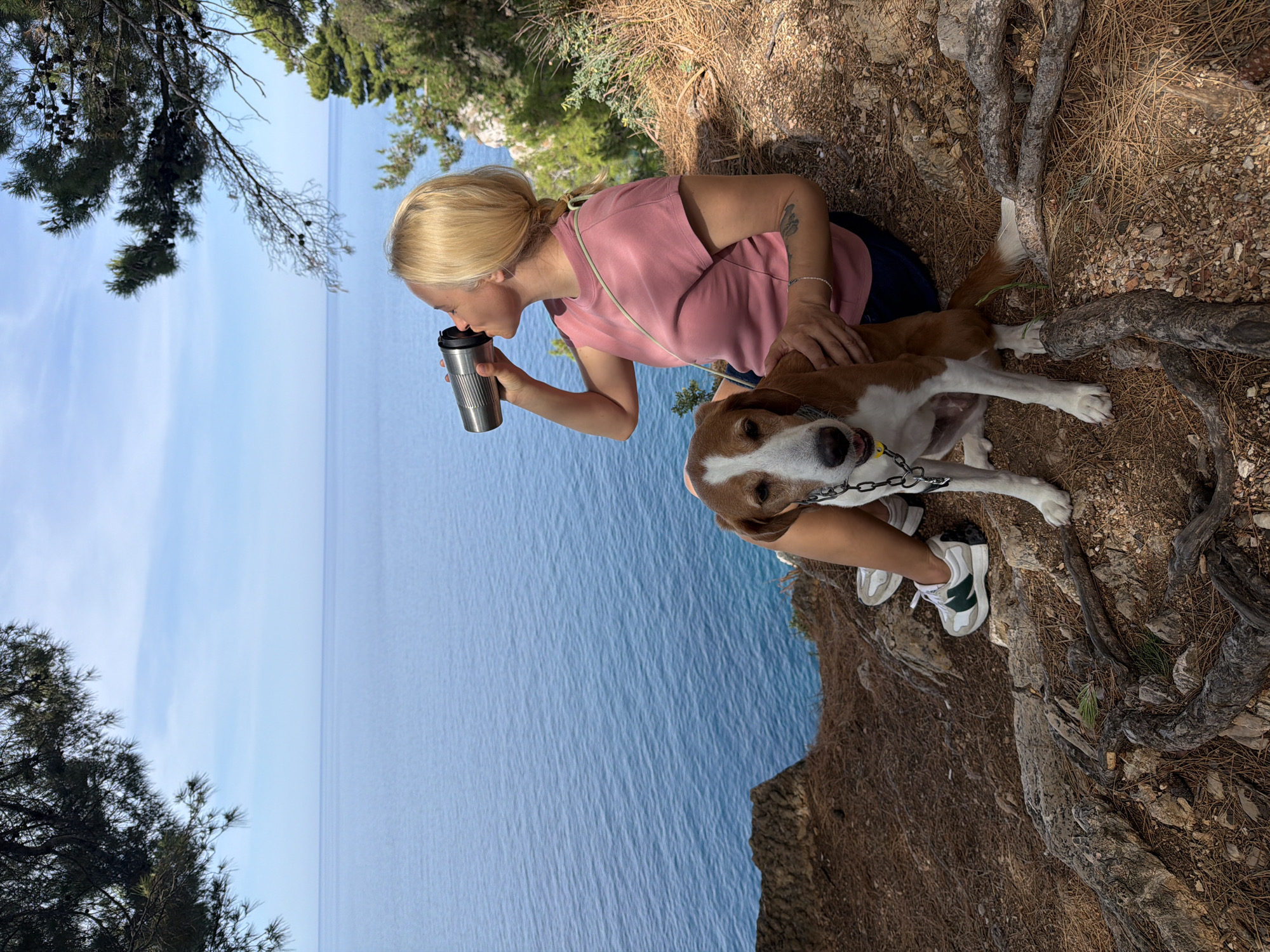 A woman in a pink shirt and her dog are sitting on a cliff in Petrovac centar, Montenegro, overlooking the sea. The woman is drinking from a metal thermos. The dog is lying down next to her. The cliff is covered in trees and roots. The sea is blue and calm. The sky is clear.