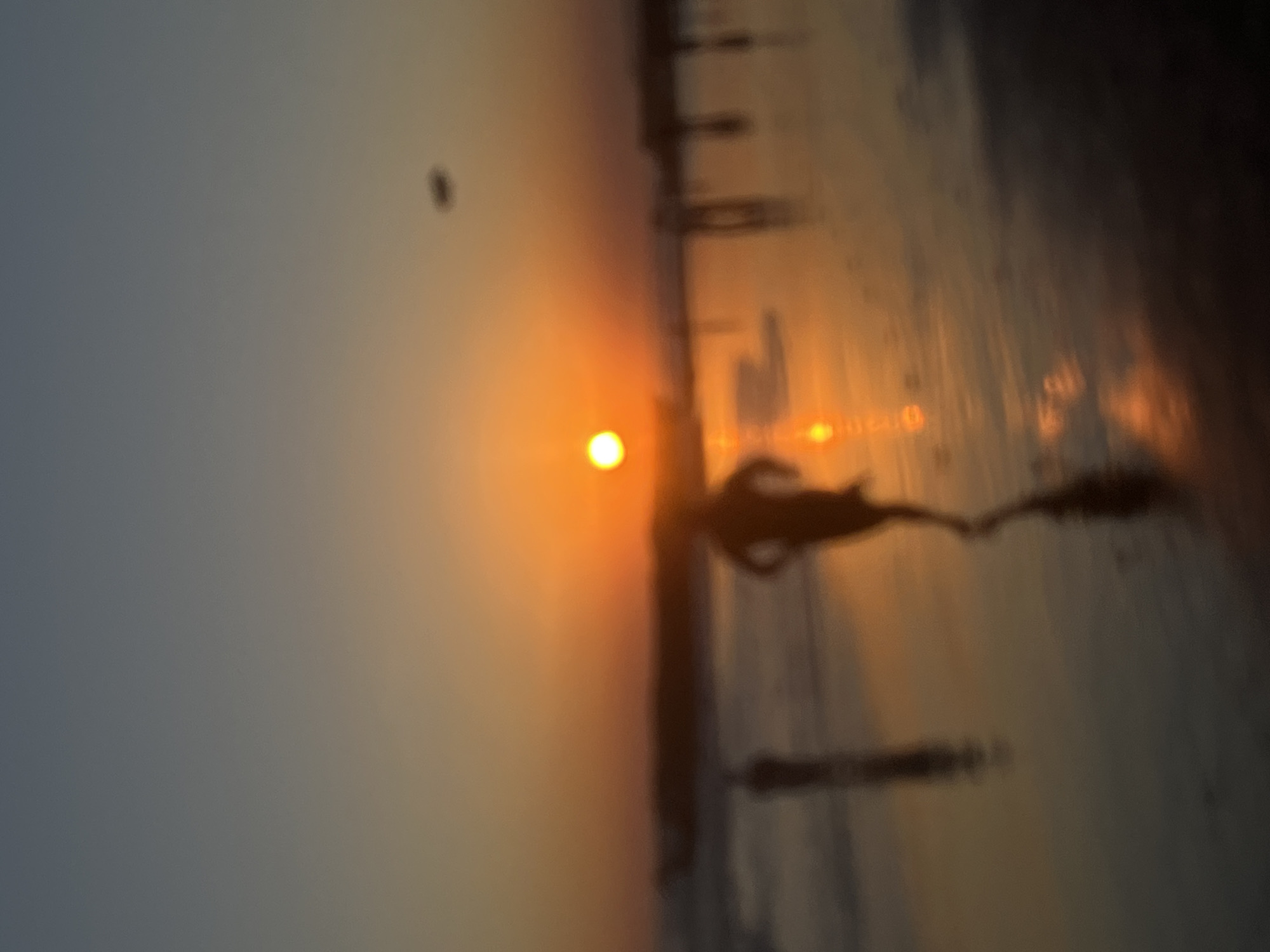 The image shows a beach scene at sunset in North Kuta, Indonesia. The sun is a bright orange orb near the horizon, creating a warm glow across the sand and water. There are silhouettes of people walking along the beach, and their reflections can be seen in the wet sand. In the upper portion of the image, a dark shape resembling a bird can be seen in the sky. The sky transitions from a light orange near the horizon to a darker gray-blue higher up. A cluster of posts or tall buildings are seen in the distance, near where the sun is setting.