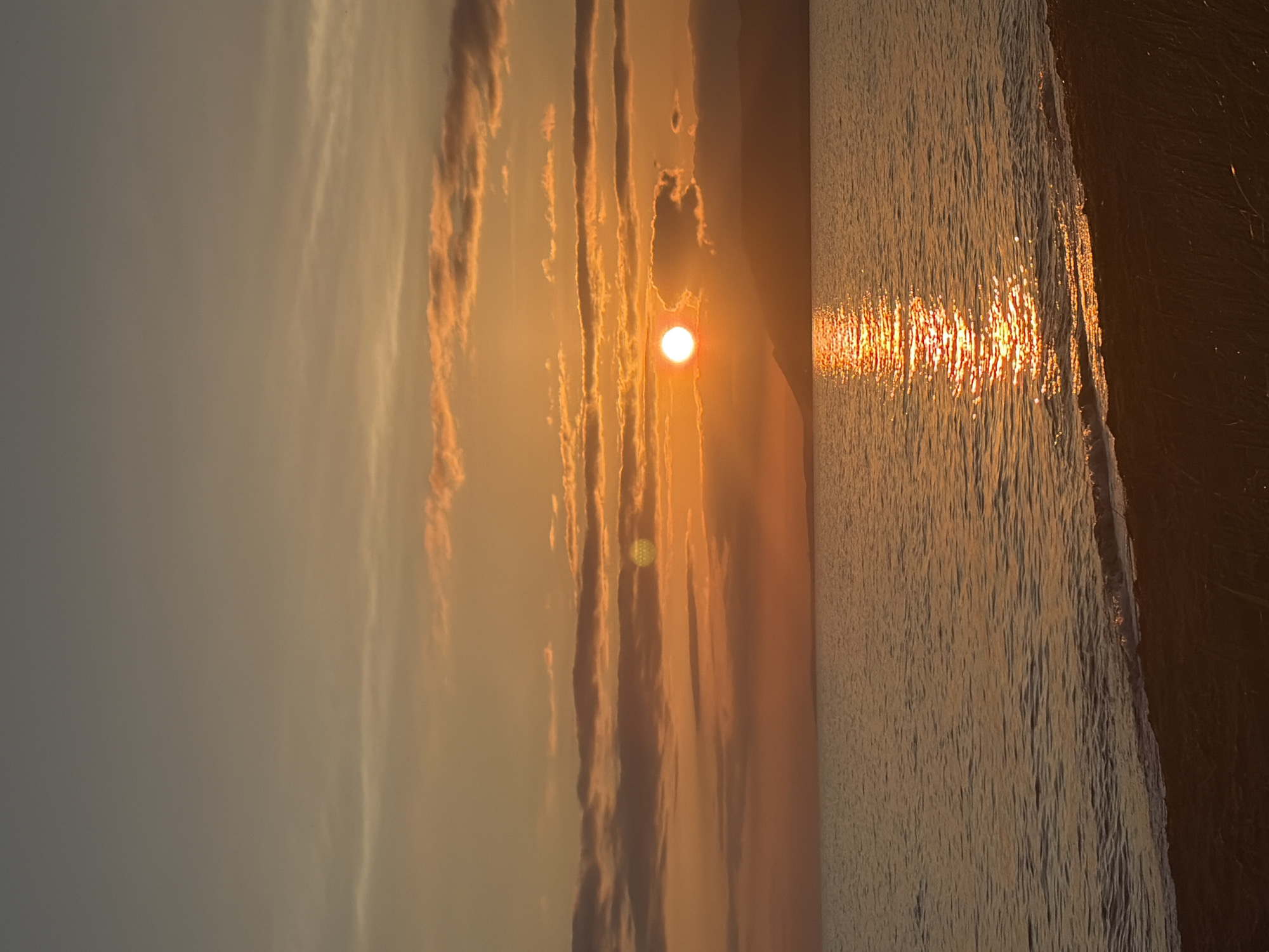 The image depicts a sunset over a body of water, likely a lake or sea, with a shoreline in the foreground. The sun is low on the horizon, casting a warm, orange glow across the sky and reflecting a shimmering path of light on the water's surface. Wispy clouds are scattered throughout the sky, tinged with the colors of the sunset. In the distance, a silhouetted landmass, possibly hills or a coastline, is visible against the horizon. The foreground shows a dark, sandy or earthy shore with some dry grass or reeds. There are no people or specific identifiable landmarks present that would indicate a precise location within Ozerskoe, Russia. The scene is natural and serene, characterized by the colors and light of twilight.