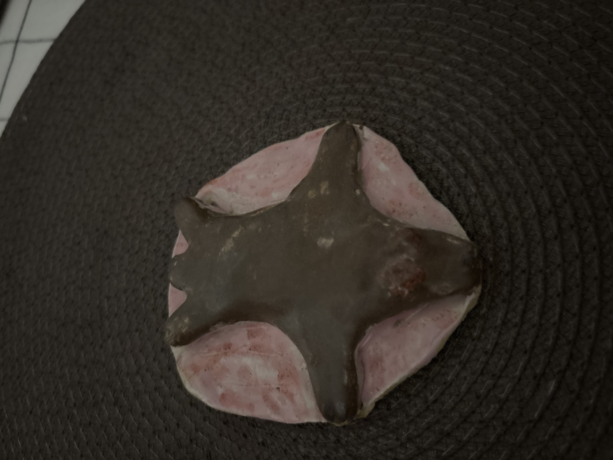 A star-shaped cookie rests on a dark brown woven placemat. The cookie has a pink-colored base with a dark brown, possibly chocolate-covered top. The cookie's points appear rounded. The image provides no information to identify the location as Saint Petersburg, Russia.
