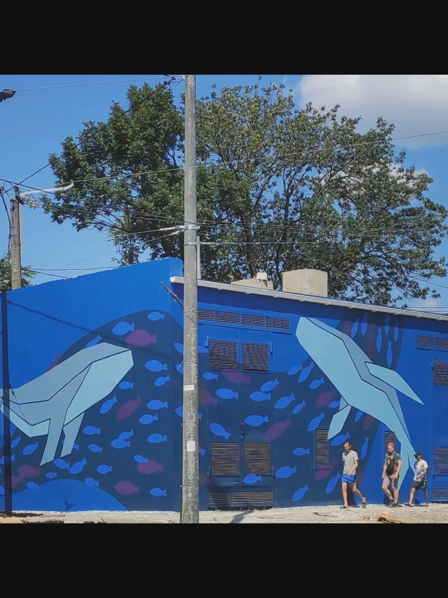 The image shows a mural on the side of a blue building in an urban environment, likely New York City, USA. The mural depicts a stylized whale and numerous small fish in shades of blue and pink against a darker blue background. Several people are walking along the sidewalk in front of the building. The environment includes a clear blue sky with some clouds, green trees, and utility poles with wires. The building itself has metal grates or vents on its side. The overall scene is brightly lit by the sun.
