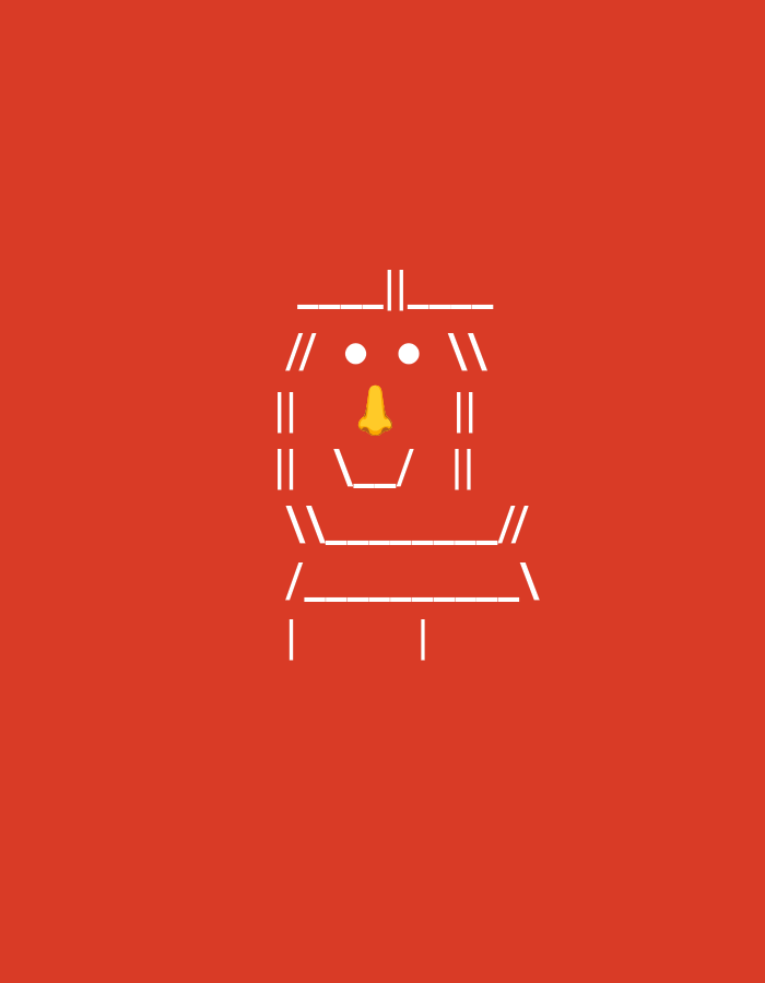 A minimalistic, cartoonish depiction of a face is rendered in white line art against a vibrant red background. The face is constructed from geometric shapes and simple lines, resembling a simplified robot or abstract character.
The top of the head is indicated by a horizontal line with two vertical lines extending downwards from its center. Below this, the eyes are represented by two white circles positioned side-by-side. A yellow, somewhat triangular shape, suggesting a nose, is placed centrally below the eyes. The mouth is a U-shaped curve formed by a horizontal line and two shorter, angled lines at its ends. The sides of the face are outlined by pairs of vertical lines. Beneath the mouth, the face transitions into what appears to be a body or torso, depicted with further horizontal and vertical lines forming a structured, segmented shape. The overall composition is simple and graphic, with no discernible urban setting or location.