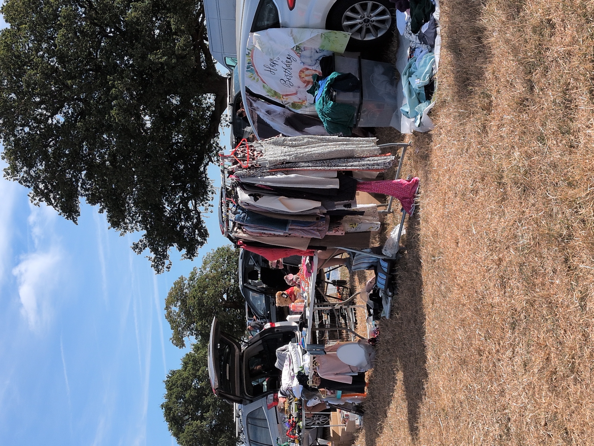 An outdoor car boot sale is taking place on a dry, grassy field. The scene is crowded with several cars, some with open trunks, and tables laden with various items for sale. In the foreground, a clothes rack displays a selection of garments, and various boxes and bags are scattered on the ground. A "Happy Birthday" banner is prominently displayed on a silver car. The sky is blue with scattered clouds, and large trees frame the background.