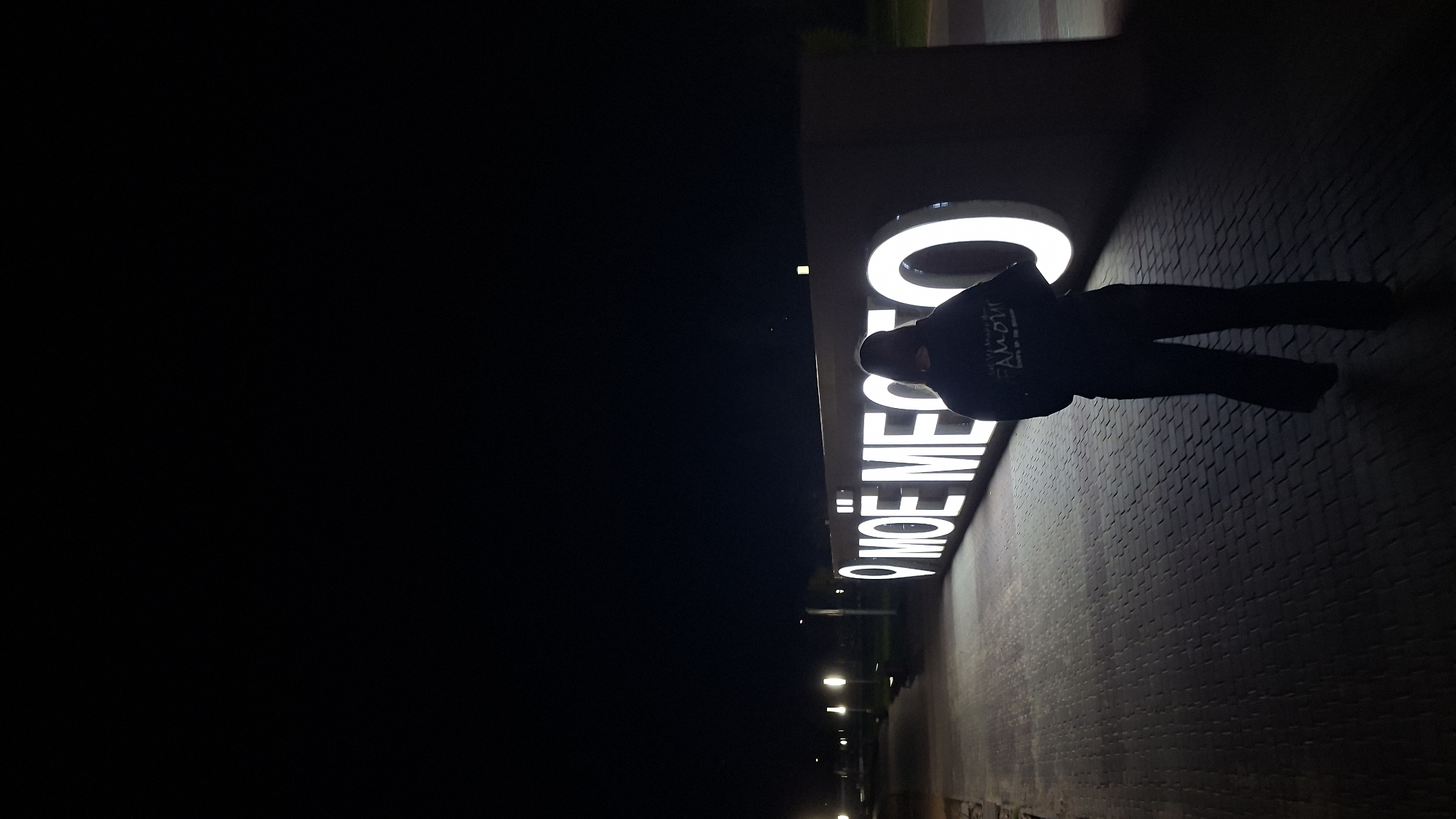 At night, a person wearing a dark hooded sweatshirt and dark flared pants stands on a brick walkway in front of a large illuminated sign that reads "МОЁ МЕСТО" in white letters. The sign is situated on a dark structure that appears to be made of concrete or stone. The person is facing away from the camera, towards the sign, with their hands behind their back. The walkway is dimly lit by scattered streetlights in the background. The environment appears to be an outdoor public space. The text on the back of the person's sweatshirt is partially visible and appears to read "AMOUR".