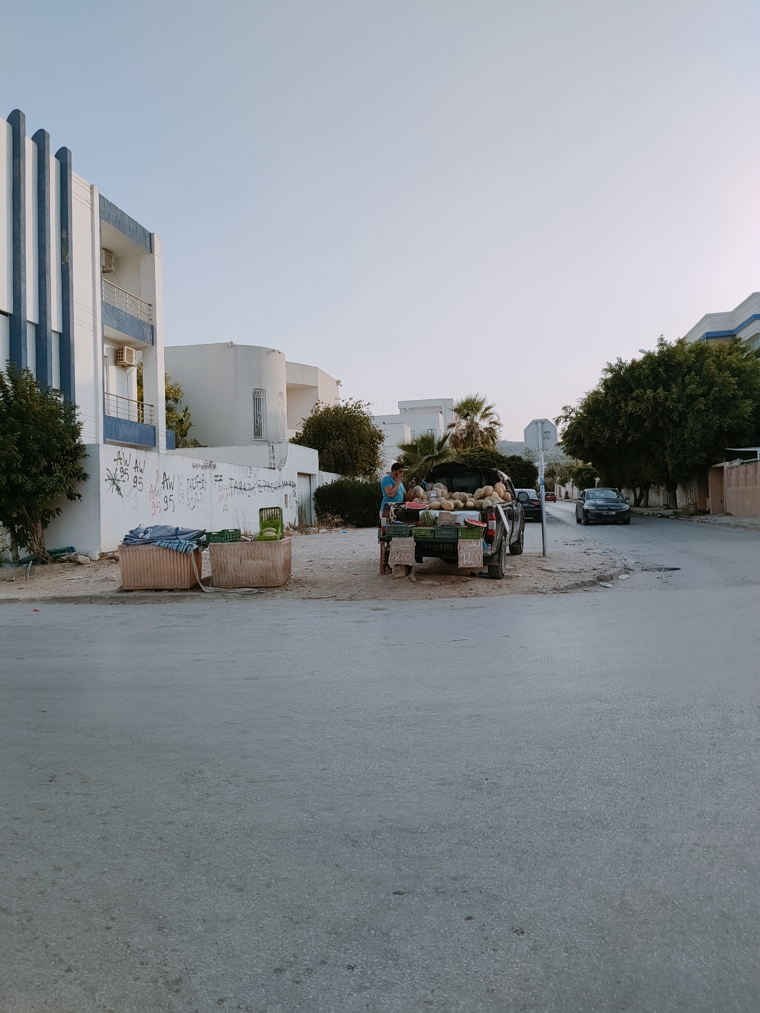 A street scene in what appears to be Tunisia during daylight. The foreground shows a paved road, and the midground depicts a sandy area with some vegetation. On the left, a white building with blue accents and balconies is visible. A white wall with graffiti is also present.
In the center of the image, a pickup truck is parked, loaded with a large quantity of melons and some watermelons. A person in a blue shirt stands near the truck, seemingly engaged in conversation or attending to the produce. Two green crates and two large wooden boxes are also in the vicinity, possibly used for displaying or storing the fruits. Signs with Arabic text and numbers are visible on the back of the truck.
Further down the street, other buildings and trees can be seen. A black car is driving away from the viewer, and another car is parked on the side of the road. The sky is clear and pale, suggesting it might be late afternoon or early morning. The overall impression is a simple roadside fruit stand in a residential or commercial area.