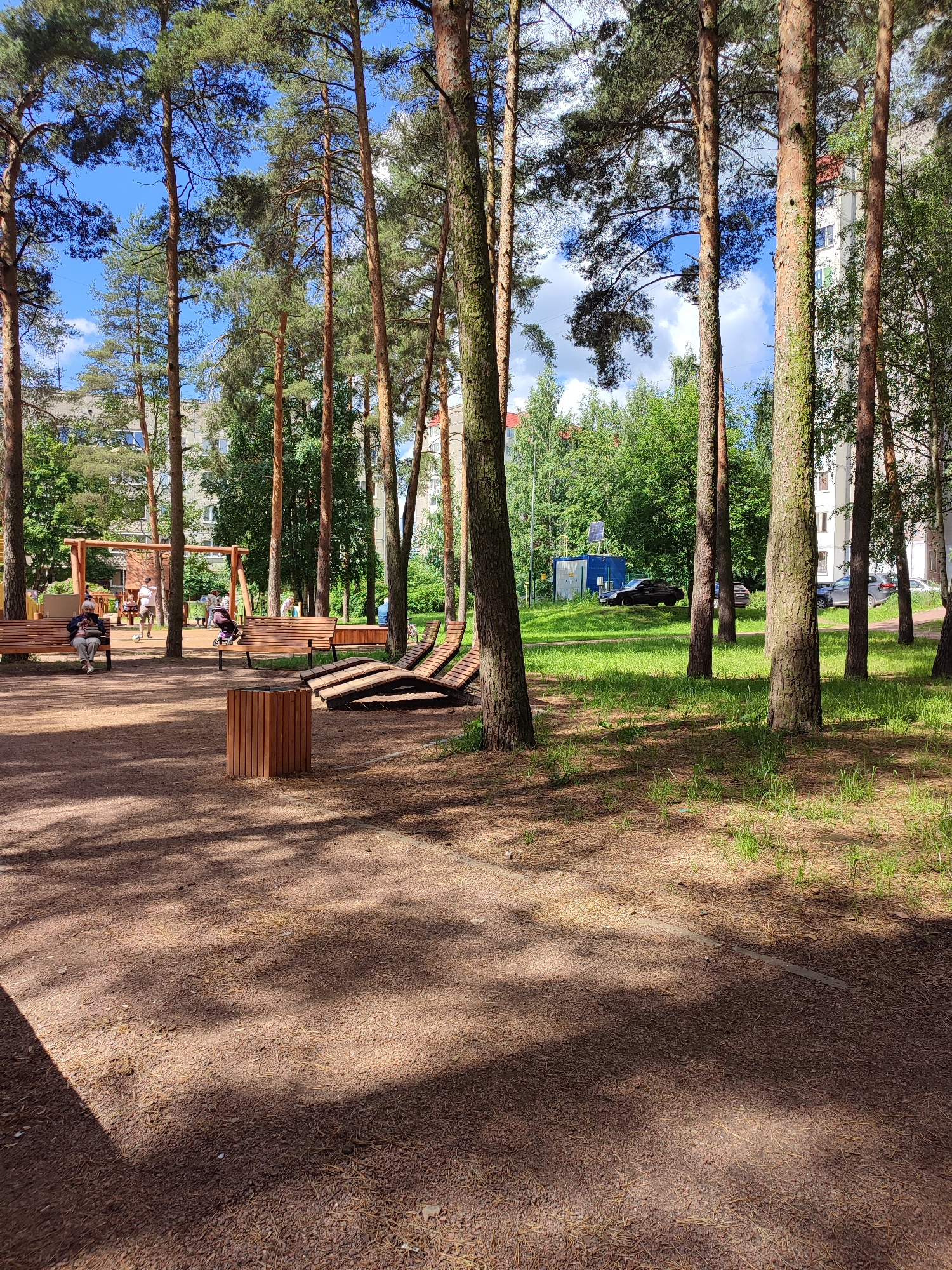 This is a medium-angle, eye-level, full-shot photograph of a park area with mature pine trees and a children's playground. The ground is covered in a soft, reddish-brown gravel with scattered pine needles. In the foreground, a wooden trash receptacle stands on the left, and a series of wooden lounge chairs are arranged on the right. Beyond these, a wooden swing set with two swings is visible, and several people are seated on wooden benches or walking. In the background, apartment buildings and lush green trees are present. To the far right, a dark sedan is parked on a grassy area next to a blue utility box with a solar panel. The sky is a vibrant blue with scattered white clouds. The image was taken in Vsevolozhsk, Russia.