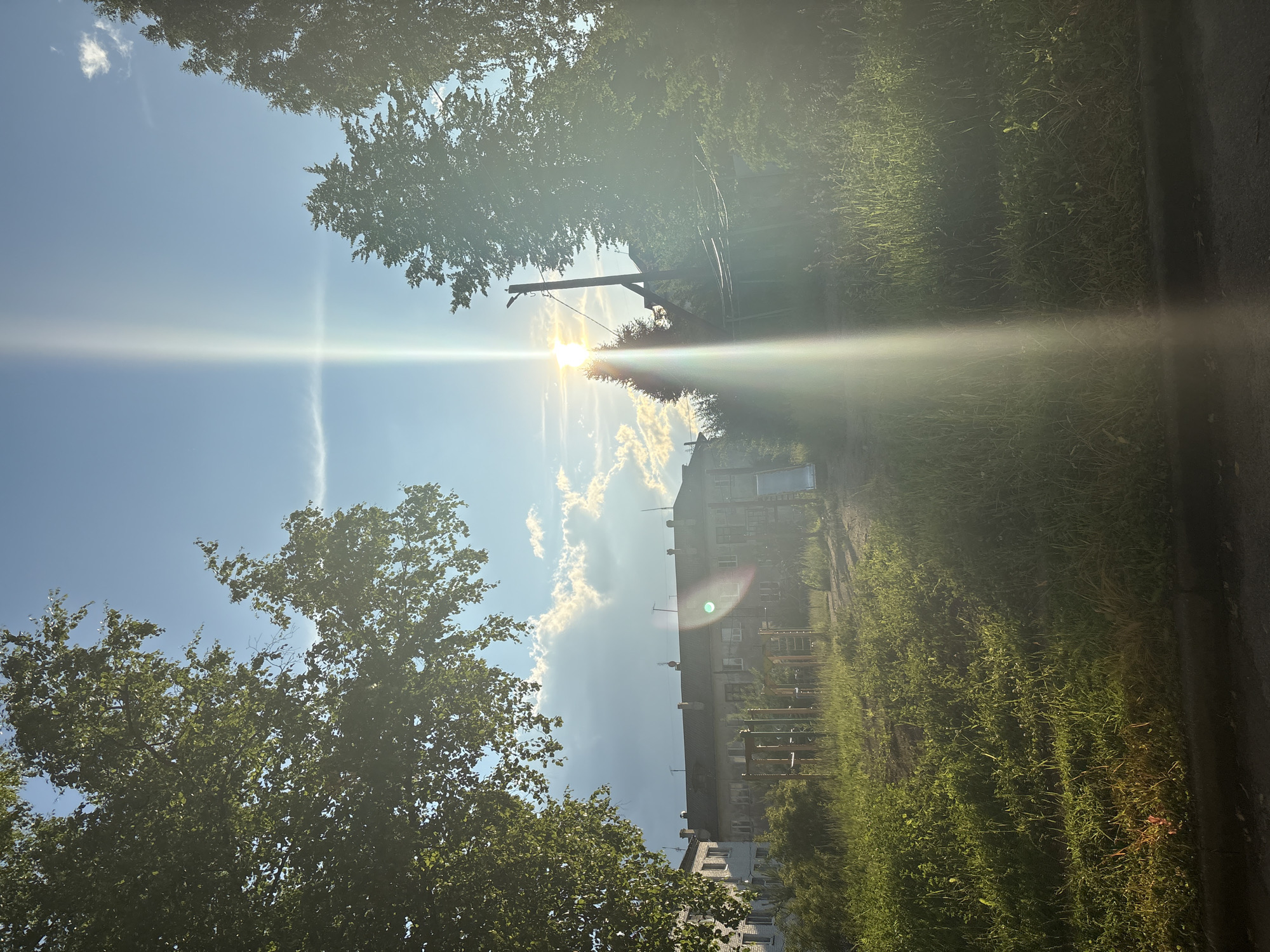 The image depicts an outdoor scene with a clear blue sky and bright sunlight. The sun is positioned in the upper center, casting a strong glare and lens flare across the image. There are several trees with lush green foliage framing the top and left of the frame. Below the sky, a building with multiple windows is visible, suggesting an urban or suburban setting. The ground is covered with green grass, which is illuminated by the sunlight. A paved path or road runs along the right side of the image. The scene appears to be set during daytime, likely in the late afternoon or early evening given the quality of the light. There is a utility pole with wires in the middle ground. The overall mood is serene and bright, with the natural elements of trees and grass contrasting with the man-made building. No people are visible in the image. There is no visible text.