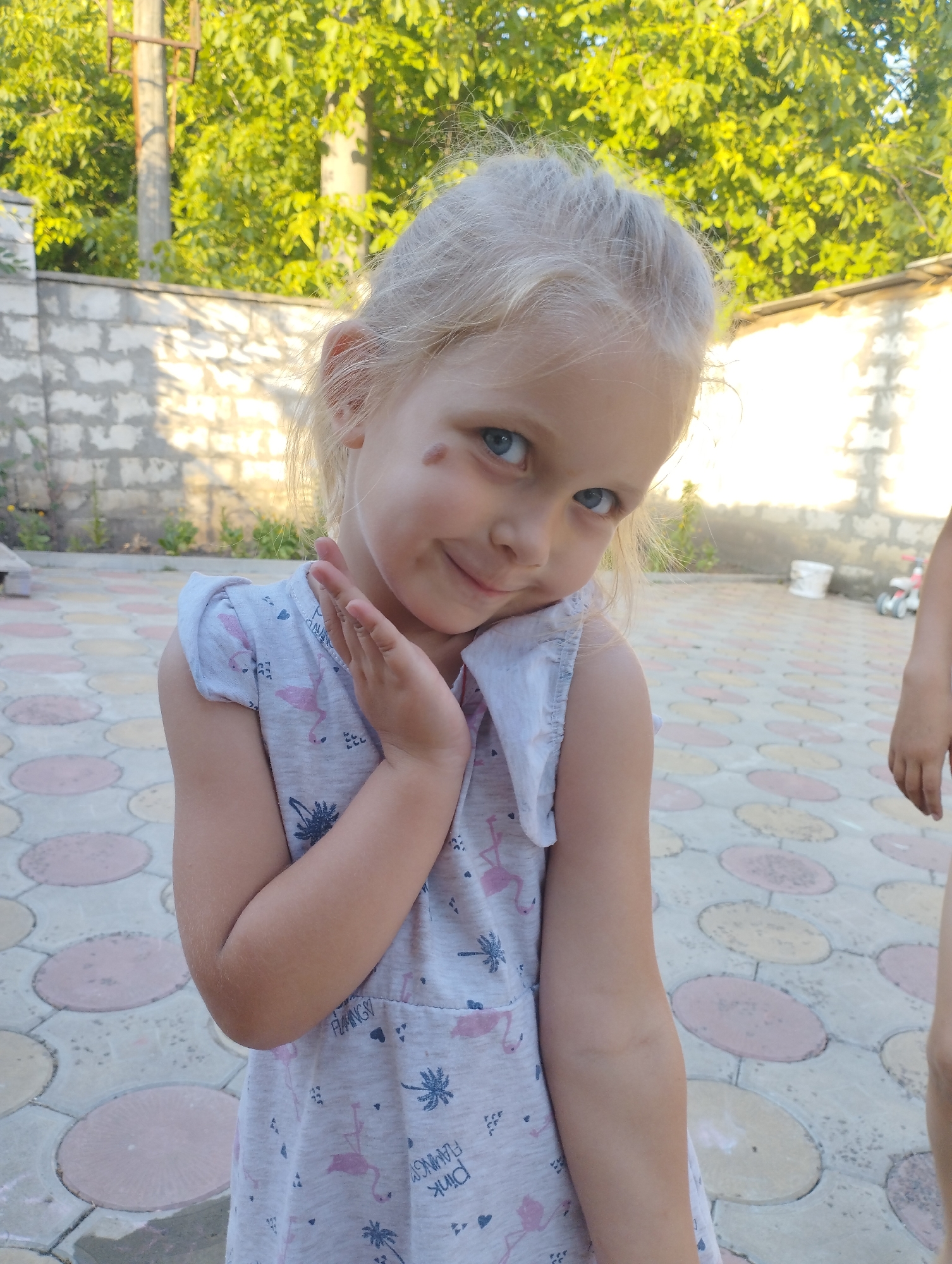 A young girl with blonde hair and blue eyes is looking at the camera with a playful expression, one hand raised to her cheek. She is wearing a light-colored dress with a pattern of pink flamingos and palm trees. The background suggests an outdoor setting, possibly a yard or courtyard, with a paved ground and a brick wall. Green trees are visible behind the wall, indicating it is daytime with sunny weather. A utility pole is also present. The scene is located in Fălești, Moldova. The girl's emotion appears to be joy or amusement. There is some text visible on the girl's dress, which reads "PINK FLAMINGO".