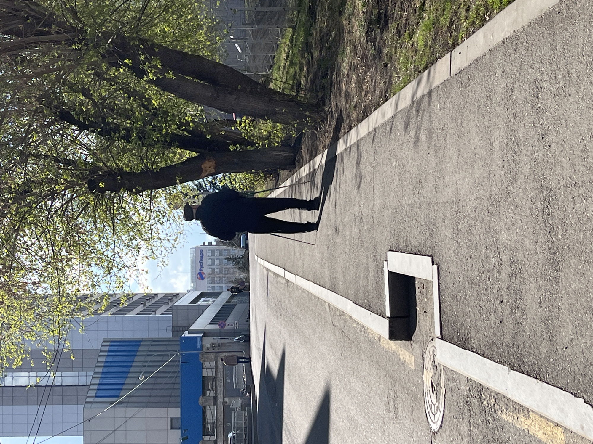 A sidewalk in an urban area is shown on a sunny day. The sidewalk is made of asphalt, with a white painted line dividing it. On the right side of the sidewalk, there is a grassy area and a concrete curb. On the left side of the sidewalk, there is a line of trees. The shadow of a person walking with a cane is cast on the sidewalk. In the background, there are several buildings, one of which has a sign with the name "Русгидро" (RusHydro) on it. There are also cars and other pedestrians visible in the background.
