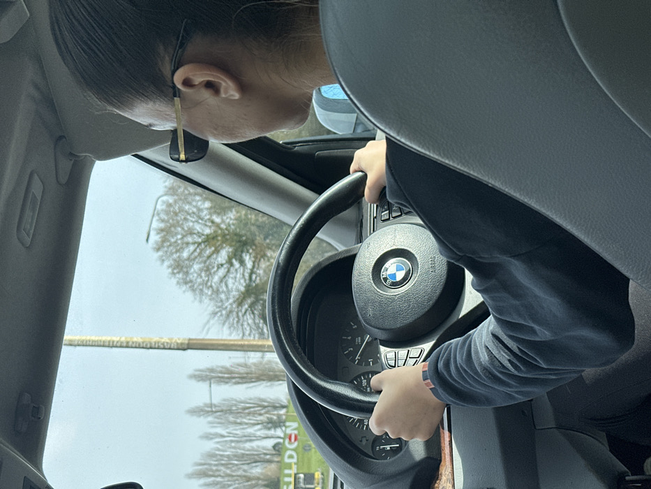 A first-person perspective photograph captures the interior of a vehicle and the external environment near Basildon, United Kingdom. A person, visible from the back of their head and right profile, occupies the driver's seat. They are wearing dark rectangular sunglasses with gold-colored arms and a dark long-sleeved garment. Their hands are positioned on a black BMW steering wheel, which features a central BMW logo and "AIRBAG" inscription, along with multifunction controls on both sides. A multi-colored striped wristband is present on the driver's left wrist. The vehicle's instrument cluster, partially visible, indicates a speed of approximately 20-30 mph. Through the windshield, a large green roadside sign displaying "BASILDON" in white capital letters is visible on the left, confirming the location. Adjacent to this sign, a tall, light-colored cylindrical pillar or monument with vertical text, including "BASILDON," stands prominently. The background features several bare deciduous trees, a streetlamp, and an overcast sky.