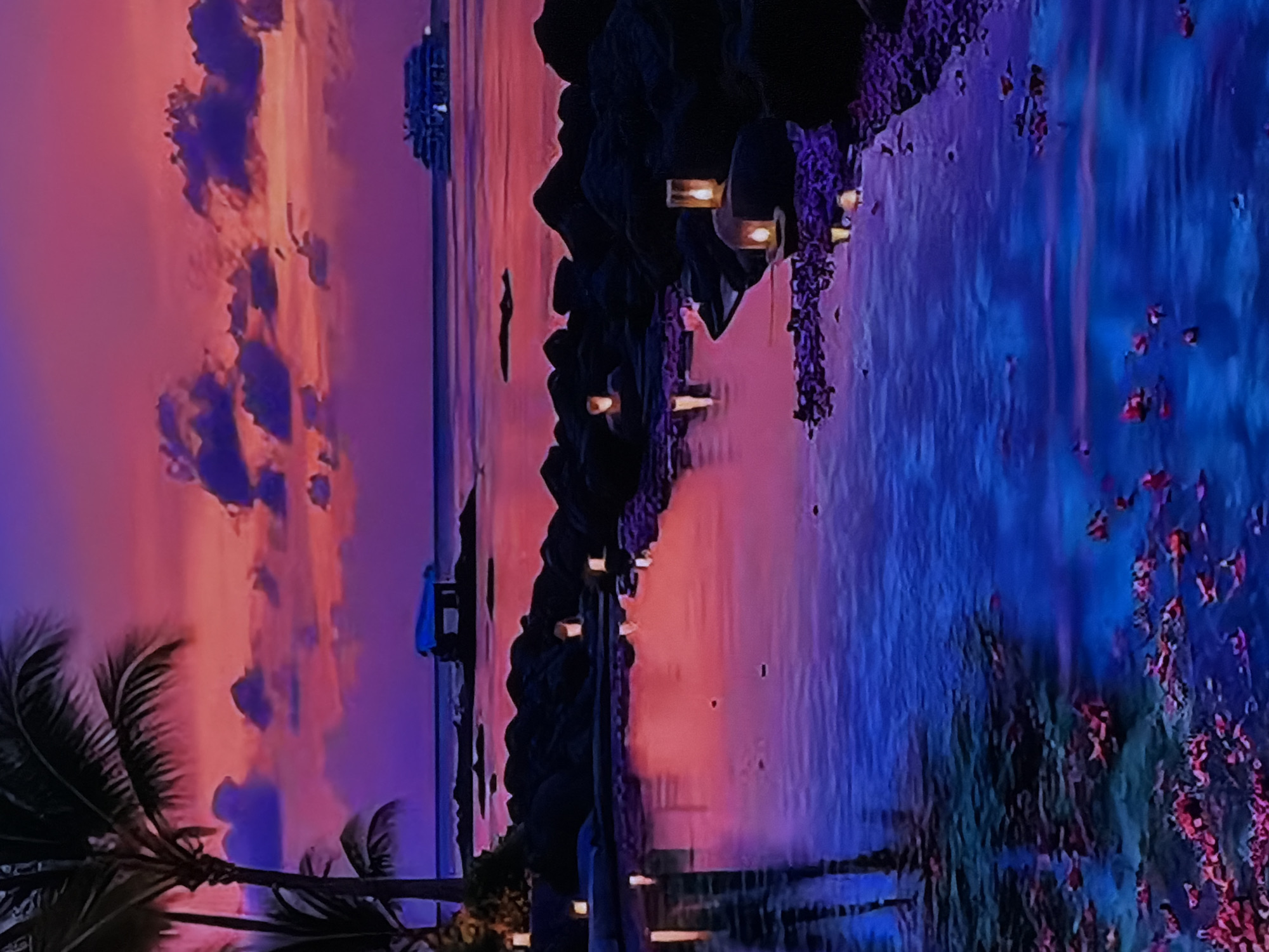The image, oriented incorrectly and rotated 90 degrees counter-clockwise, depicts a vibrant and serene coastal or lakeside scene during sunset or dusk. The sky, predominantly on the left when correctly oriented, showcases a dramatic gradient of pink, orange, and purple, interspersed with dark, silhouetted clouds.
A body of calm water, likely an ocean or large lake, occupies the right side, reflecting deep blue and purple tones. Scattered red or orange elements, possibly petals or small decorative items, are visible on the water's surface in the foreground.
A dark, rugged coastline or rocky shore separates the sky and water, appearing as a silhouette against the luminous horizon. Along this coastline, multiple small, illuminated lanterns or lights cast a warm glow. Dark, elongated, possibly floral or decorative elements hang from the shore towards the water.
In the foreground on the far left, silhouetted palm trees are visible against the colorful sky, indicating a tropical or sub-tropical environment. In the distance, a small boat or dock-like structure is silhouetted on the water, and a larger, indistinct structure appears on the horizon. The scene evokes a tranquil and dreamy atmosphere, with no specific human activity or people visible. There is no visible text.
Despite the provided location context of Sofiivska Borshchahivka, Ukraine, the visual elements of the media file clearly portray a tropical or coastal setting.