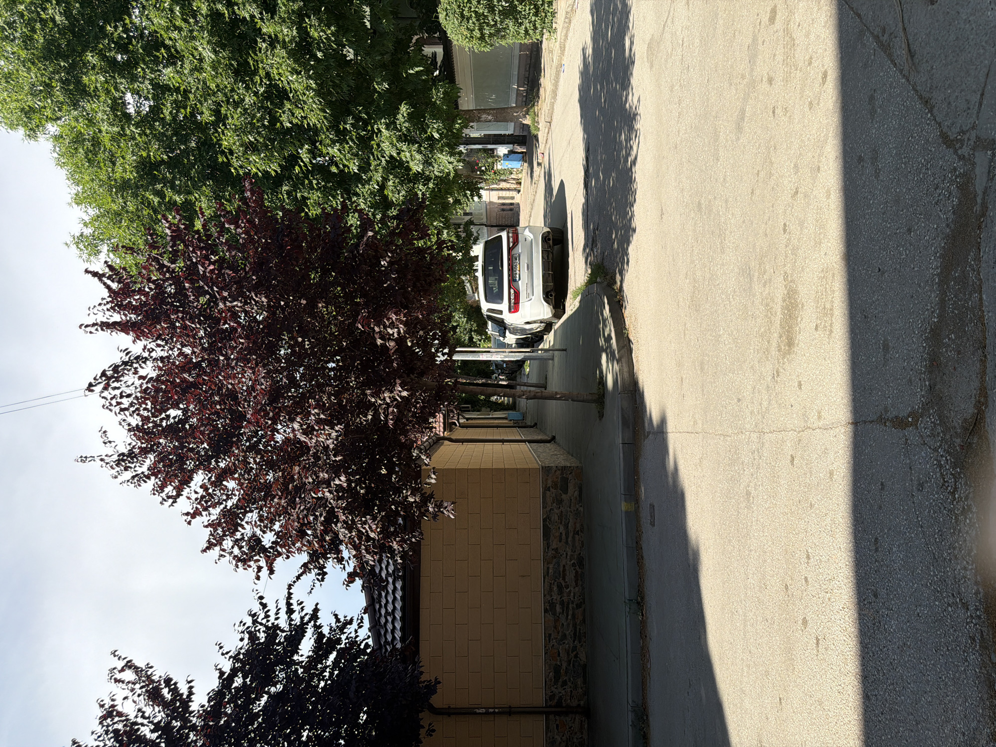 The image depicts a street scene in Pazardzhik, Bulgaria, on a sunny day. A white SUV is parked on the right side of the road, facing away from the viewer. The SUV has a license plate that reads "PA 5862 ME". To the left of the SUV, a tree with dark red leaves stands prominently. Further to the left, a building with a yellow brick facade and a dark tiled roof is visible. The street is paved and appears to be a residential or commercial area, with trees lining both sides. Shadows from the trees are cast across the road and sidewalk. In the background, more buildings and trees are visible, suggesting a typical urban environment.