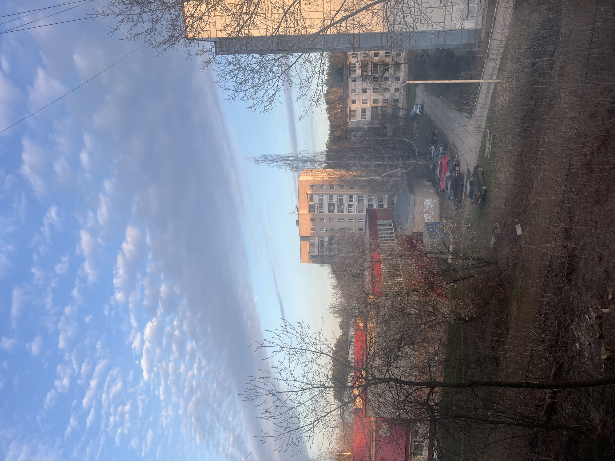 A street scene in Chaikovsky, Russia, captured from an elevated perspective. The foreground includes bare trees and glimpses of red rooftops. Midground showcases apartment buildings, parked cars, and a pedestrian walkway. Background reveals distant buildings and a line of trees. The sky displays scattered clouds against a blue backdrop. Electrical wires cut across the upper portion of the frame.