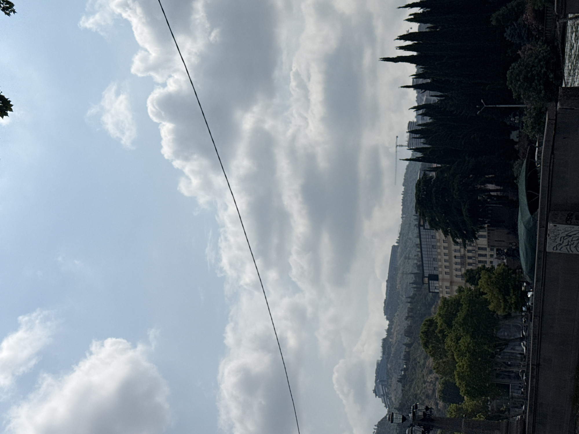 This is a landscape image taken from the city of Tbilisi, Georgia, likely from an elevated position overlooking the Kura River. The sky is filled with scattered white clouds against a pale blue background. A thin black wire is visible spanning across the upper portion of the image, likely a utility line.
In the middle ground, several buildings are visible. A prominent light-colored building with multiple windows and balconies stands out, with a darker, modern-looking building with a glass facade to its right. Behind these, on the hilly terrain, are more buildings and structures, including what appear to be hotels or resorts on the higher slopes. A construction crane is also visible in the distance.
The foreground is dominated by a dark, textured wall or embankment, possibly a bridge or riverfront. To the left, a vintage-style lamppost with multiple lights is partially visible. A dense line of dark green, tall, conical trees, possibly cypress, forms a striking visual element in the mid-ground, separating the buildings from the foreground. Lush green trees are also scattered throughout the scene. The overall impression is of an urban landscape with natural elements, characteristic of Tbilisi's hilly topography and its blend of old and new architecture. No people are clearly discernible in the image.