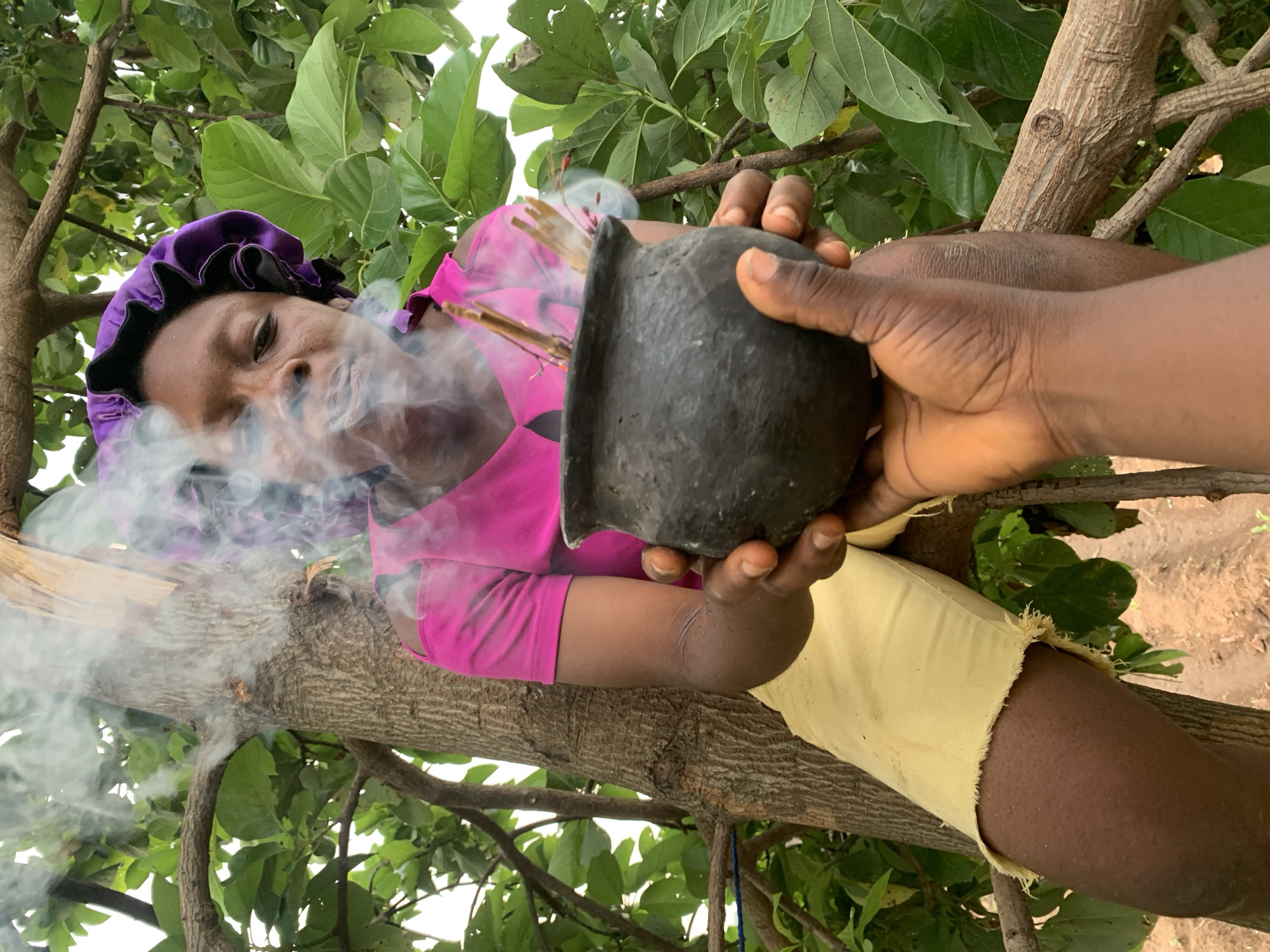 A woman with a purple headscarf is positioned low in a tree with green foliage. She is wearing a pink shirt and a light yellow skirt, and is engulfed in a cloud of smoke. The smoke seems to be emanating from a black pot held by another person's hands. The other person has dark skin. The environment is lush with green leaves and tree branches, giving the impression of being outdoors and perhaps in a natural setting. The presence of the tree and leaves suggests that the location is rural or in a less urbanized part of Agban, Nigeria.