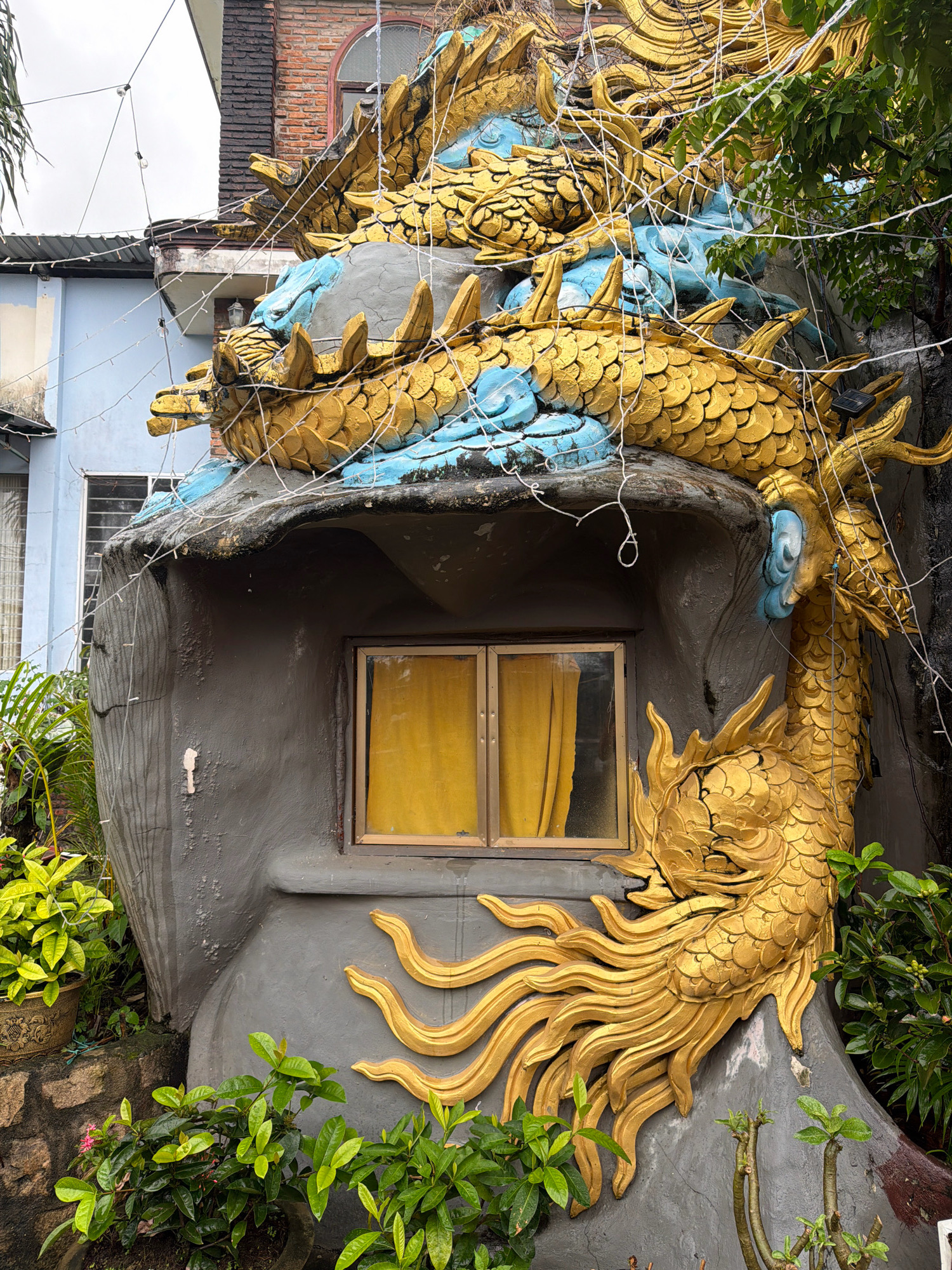 A golden dragon sculpture with blue accents wraps around a grey, rock-like structure that contains a small window with yellow curtains. The dragon's scales are detailed, and its body is coiled in several places. The structure is situated outdoors, with lush green foliage and potted plants surrounding its base. In the background, a building with a brick facade and a light blue wall is visible, along with a cloudy sky. String lights are draped over the sculpture and the surrounding area. This scene is located in Phú Quốc, Vietnam.