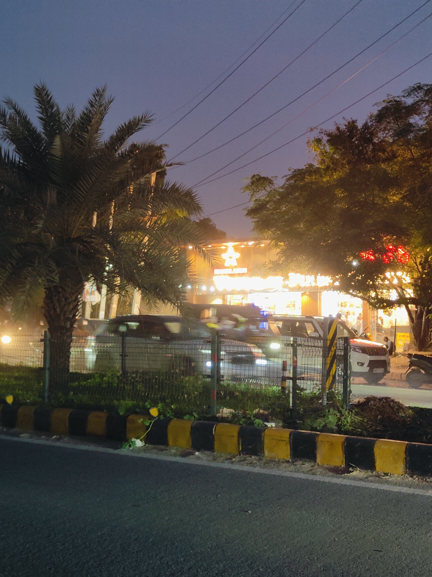 The image depicts a twilight scene on a street in Gurgaon, India, likely near a commercial area, given the brightly lit establishment in the background. In the foreground, a paved road runs horizontally, bordered by a curb painted with alternating black and yellow stripes, which are chipped and worn in places. Beyond the curb, a grassy area is visible, separated by a wire mesh fence.
Dominating the left side of the frame is a tall palm tree with its fronds silhouetted against the dusky sky. Behind the fence, several vehicles are present, though their details are blurred due to motion or low light. One appears to be a white SUV, and another car's headlights are visible. The background is illuminated by the warm, bright lights of a building, likely a restaurant or shop, with signage visible. Trees with foliage are scattered throughout the scene, their leaves lit from behind by the artificial lights. Overhead, power lines are strung across the sky. The overall atmosphere suggests a busy urban environment transitioning from day to night.