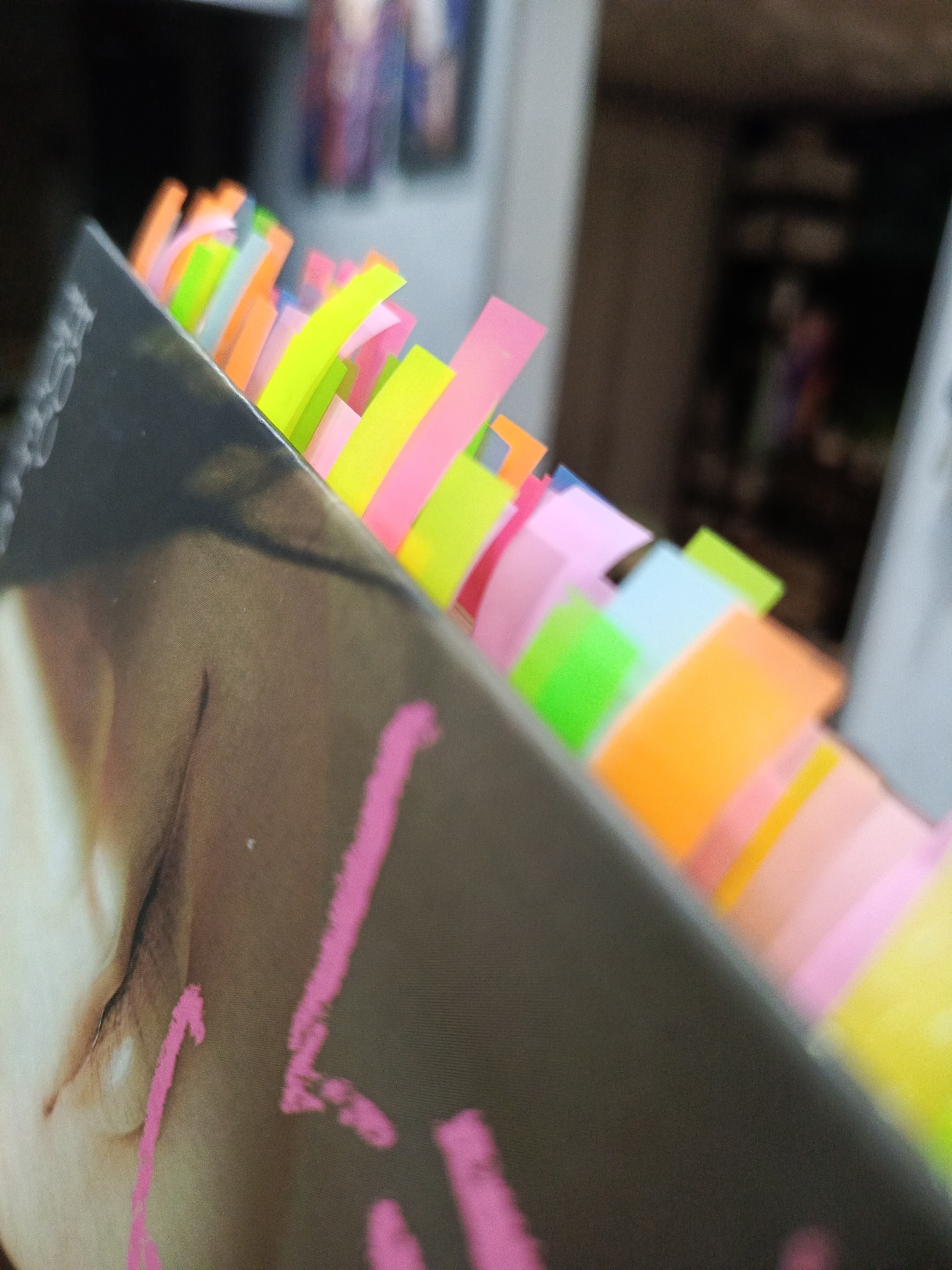 The image presents a close-up, angled perspective of a book or binder, featuring a dark-toned cover with a partial depiction of a human face, specifically an eye, eyebrow, and cheek, rendered in light brown and beige hues. Overlapping this imagery is bright pink, brushstroke-like text or design. Approximately thirty to forty small, rectangular sticky notes, serving as page markers, are inserted along the top edge of the object. These notes are visible in various bright colors including neon green, yellow, pink, orange, light blue, and light purple, fanning outwards. The background is out of focus, displaying indistinct shapes and colors consistent with an indoor environment, possibly containing shelving or other furniture. No discernible features within the image indicate the specific location of Chaikovsky, Russia, or any other city. No individuals are visible.