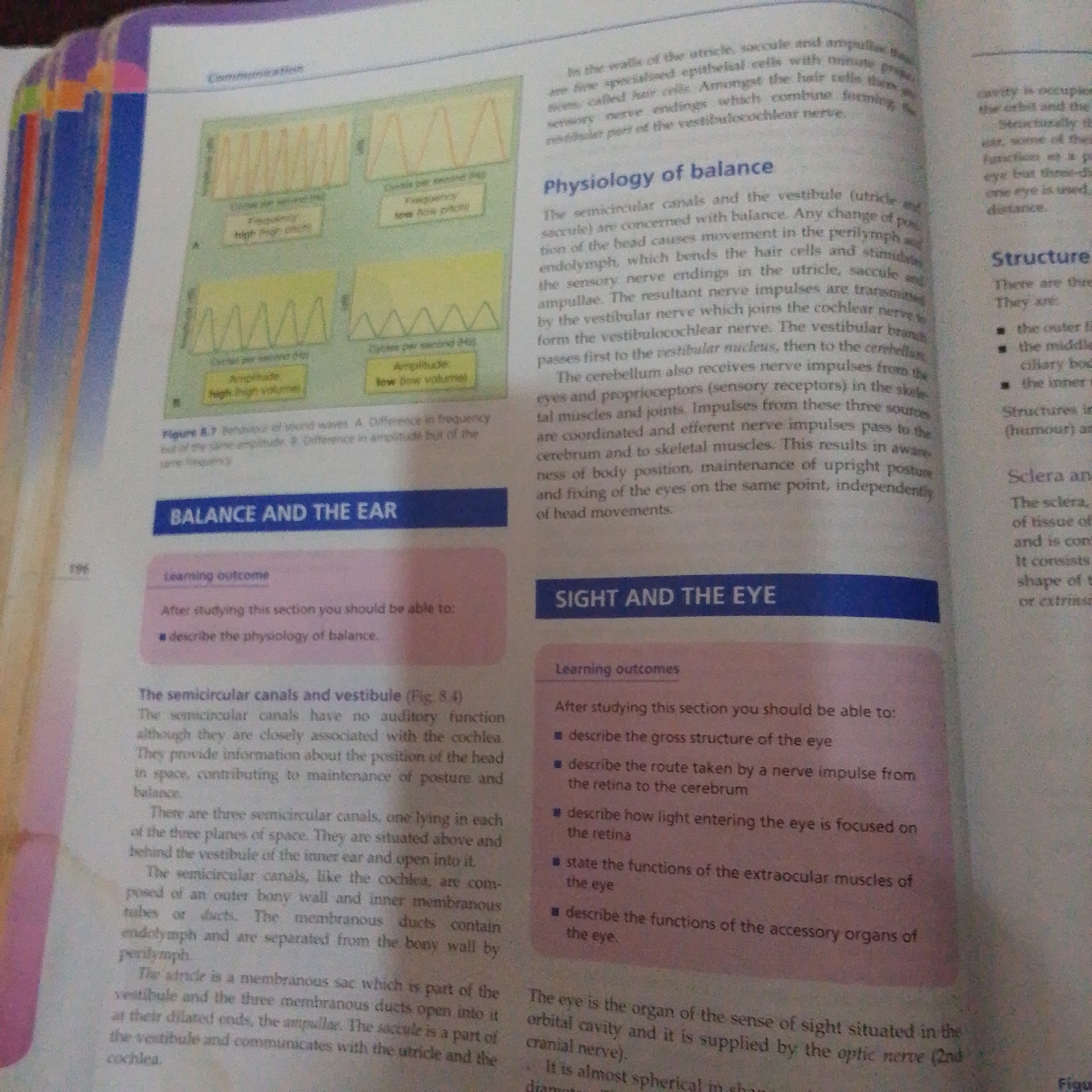 The image shows an open book with text and diagrams. The book is open to a section discussing the physiology of balance and the structure of the ear, as well as the sight and the eye. There are diagrams illustrating sound waves with different frequencies and amplitudes. The text is printed in English. The book appears to be a school textbook, likely for a biology or physics class. There are no people, animals, or identifiable objects that would suggest a specific location in Jalingo, Nigeria, or any other city.