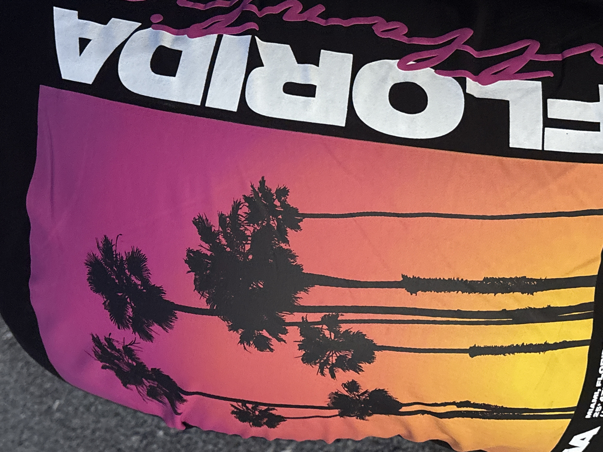 The image shows a piece of clothing with a design featuring the word "FLORIDA" in white block letters above a gradient sunset scene with black silhouette palm trees. The sunset colors transition from purple at the top to orange at the bottom. Black horizontal lines run across the sunset scene, representing a stylized beach horizon. Small text is visible on the lower right side of the garment. The location is not in Arinj, Armenia, since the image is of a piece of clothing related to Florida, USA.