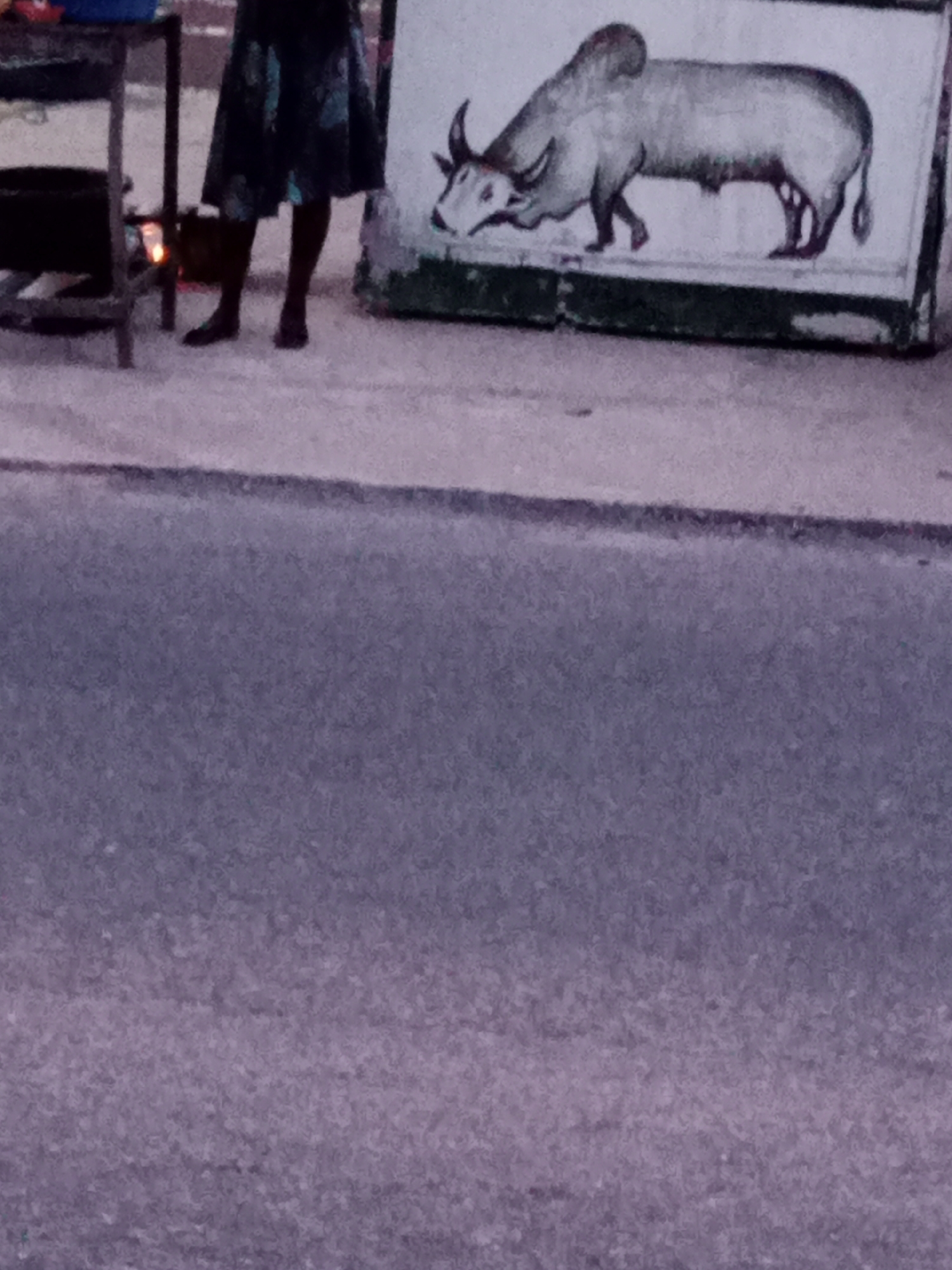 The image shows a roadside scene in Jalingo, Nigeria. In the foreground, a paved road surface is visible, textured with asphalt. Behind the road, a lighter-colored concrete surface runs horizontally across the frame. On this concrete surface, a person is standing next to a dark metal stand, wearing a dark skirt with a patterned design and dark shoes. To the right of the stand is a framed artwork depicting a gray bull with horns and udders. The artwork is mounted on a stand, and the background is a blur of muted colors, suggesting an outdoor environment. The lighting appears to be dim, possibly indicating early morning or late evening.