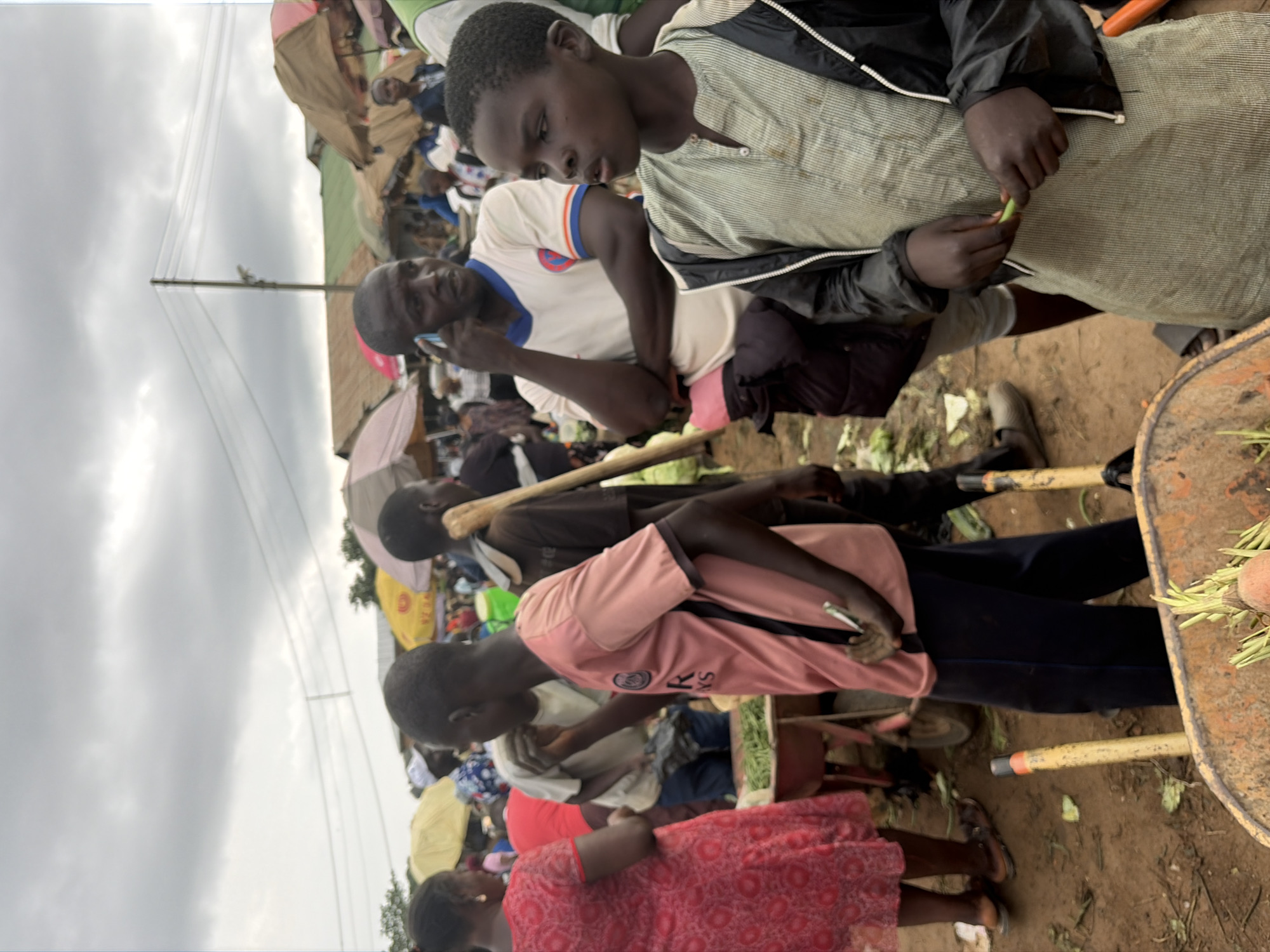 This image depicts a bustling outdoor market scene in Gura Top, Nigeria. Several individuals, appearing to be young people, are present. The central focus is on a young person in the foreground, wearing a light-colored striped shirt and a black jacket. They are holding a small green object, possibly a vegetable, in their hands. Behind them, another person in a white shirt with blue and orange trim is visible, and further back, more individuals are seen amidst market stalls and umbrellas.
The setting appears to be a busy marketplace with various goods for sale, hinted at by the presence of vegetables in a wheelbarrow on the right side of the frame. The ground is dirt, and the overall atmosphere suggests a typical market day. The sky is overcast, indicating cloudy weather. The lighting is diffused, suggesting it could be daytime, though the exact time is not discernible.
Notable details include the various clothing styles and the diverse mix of people. The expressions on the faces are difficult to discern clearly due to the image's orientation and resolution, but the general scene conveys activity and engagement within the market. There is no visible text in the image. The presence of umbrellas suggests protection from sun or rain, common in market environments.