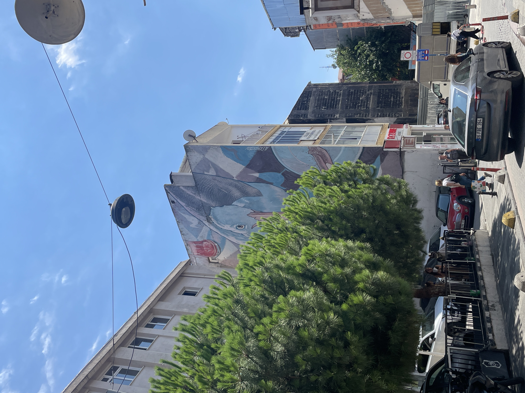 A street scene in Kadıköy, Turkey, features a large mural of a fish on the side of a building. A lush green pine tree dominates the left foreground, obscuring part of the building and the mural. Several cars are parked along the street, including a gray Skoda sedan in the right foreground with license plate "06 FBE 354". People are walking on the sidewalk and a few individuals are seated under the pine tree, near a black metal fence. The sky is bright blue with scattered clouds. The buildings appear to be in an urban environment.