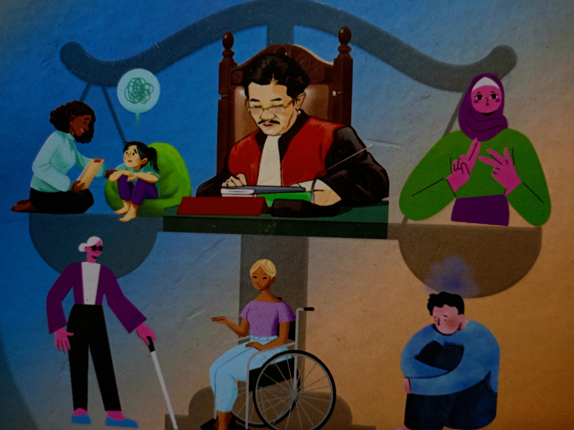 The image depicts a stylized scales of justice with illustrations of various people on either side. At the top center, a judge with a red robe and glasses is seated at a desk.
On the left side of the scale, on top, is a woman sitting with a young girl in a beanbag chair. A speech bubble with scribbled lines is over the girl's head. Below is a woman with a white cane and sunglasses.
On the right side of the scale, on top, is a woman wearing a hijab making a hand gesture. Below is a woman in a wheelchair and a man sitting with his arms crossed looking sad.
The image seems to be a conceptual illustration focusing on justice and inclusion. The location, Bireuen, Indonesia, is not explicitly indicated in the image.
