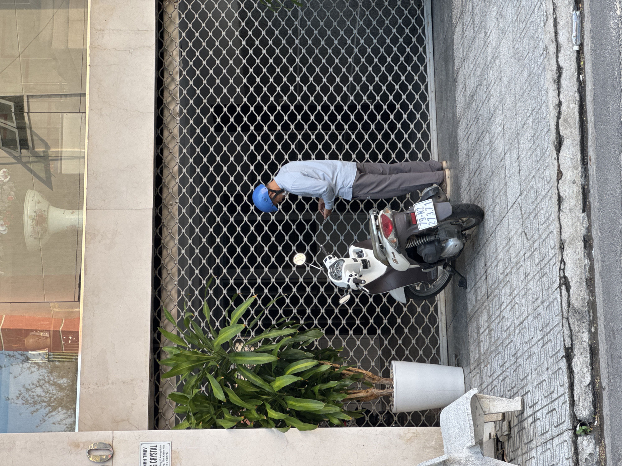 A person wearing a blue helmet and a light blue long-sleeved shirt stands on a sidewalk in front of a metal security gate, looking at a smartphone. The person is wearing grey pants and light brown shoes. A white and brown scooter is parked to the left of the person, with a license plate reading "79-M2 273.71". To the left of the scooter is a large potted plant. A portion of a grey stone bench is visible in the lower left corner. The building behind the security gate has a light-colored facade with a reflective window. A sign on the wall to the left of the gate reads "NHH TMDV G CRYSTAL". The sidewalk is paved with grey square tiles. The scene appears to be in an urban environment, likely Nha Trang Ward, Vietnam.