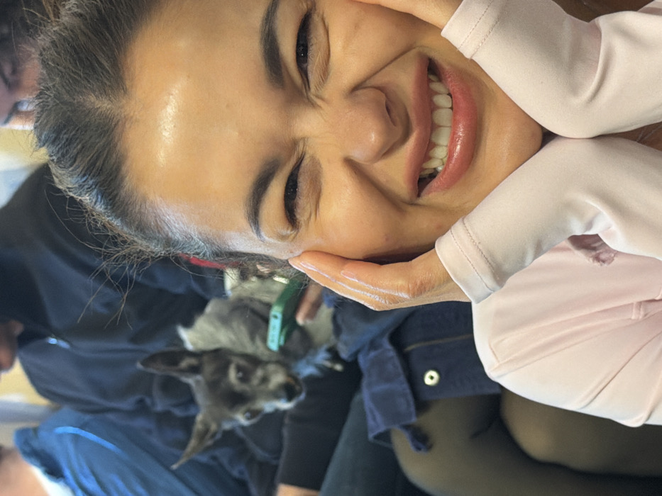 The image depicts an indoor scene with multiple individuals and a dog. In the foreground, a woman with dark hair pulled back smiles broadly, her eyes squinted, and her mouth open to reveal both upper and lower teeth. Her hands are raised to cup her face, and she wears a light pink long-sleeved top. Behind her, slightly out of focus, a small terrier-type dog with grey and black fur and erect ears is visible, looking to the left of the frame. The dog appears to be wearing a light-colored harness or garment. A hand holding a bright green-cased smartphone is visible near the dog. In the deeper background, elements of other individuals are present, including a person wearing a dark zippered jacket and another's leg clad in dark hosiery. A segment of dark blue denim fabric with a white snap button is also discernible in the midground. The environment is an unidentifiable indoor public or semi-public space. The specific location within the city of Tel-Aviv, Israel, cannot be determined from the visual information provided.