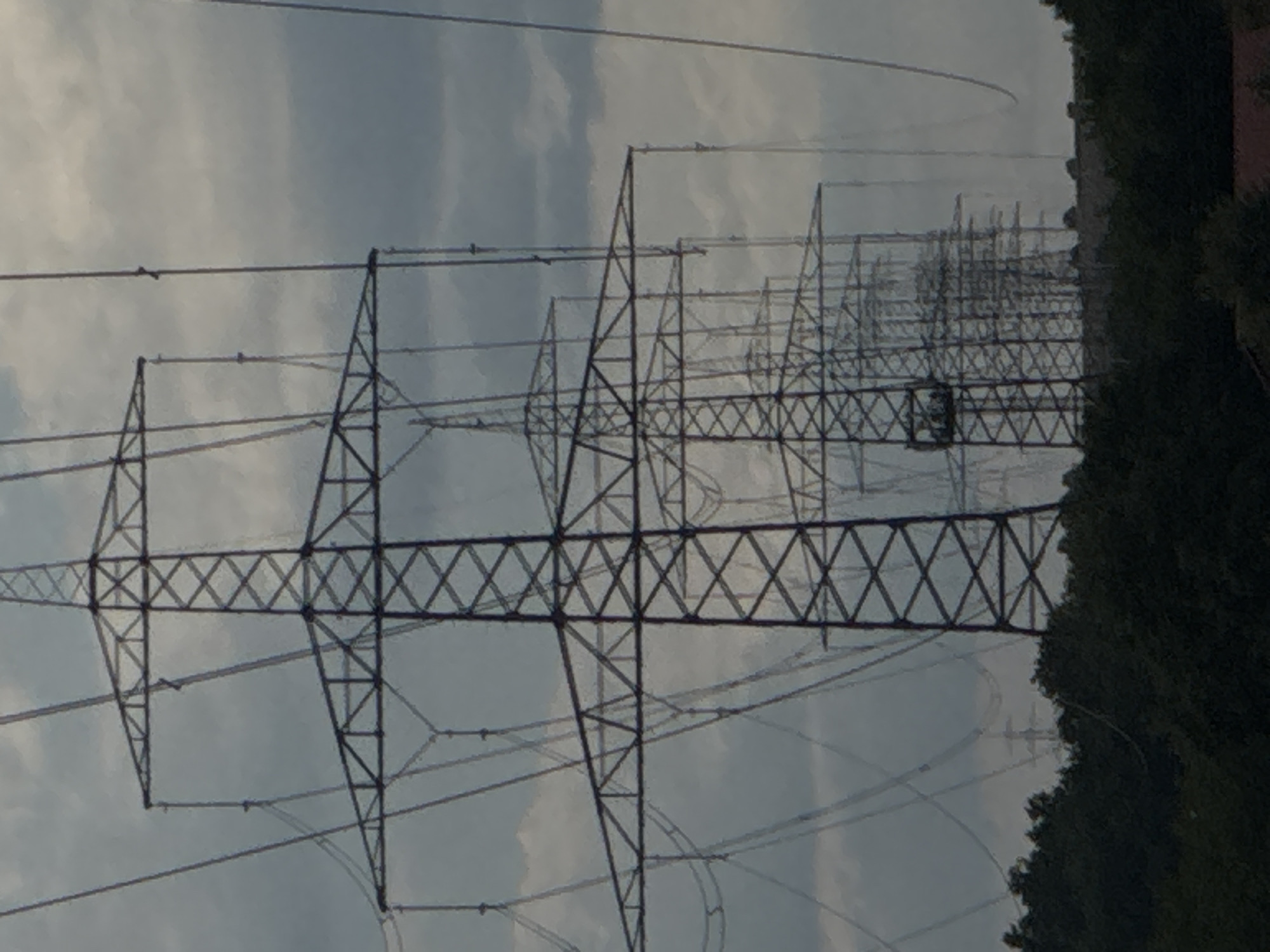 The image captures a line of high-voltage electrical pylons stretching into the distance against a cloudy sky. The pylons are made of metal lattice structures and are spaced at regular intervals, creating a sense of depth and repetition. Wires are suspended between the pylons, forming a complex network against the overcast backdrop. In the foreground, a dense line of dark green trees forms the bottom edge of the image, with a slightly hilly landscape visible beyond the trees. The scene appears to be in an outdoor, possibly rural or semi-rural, setting. The image is likely of the area near Wettstetten, Germany, given the presence of such power lines in the region.