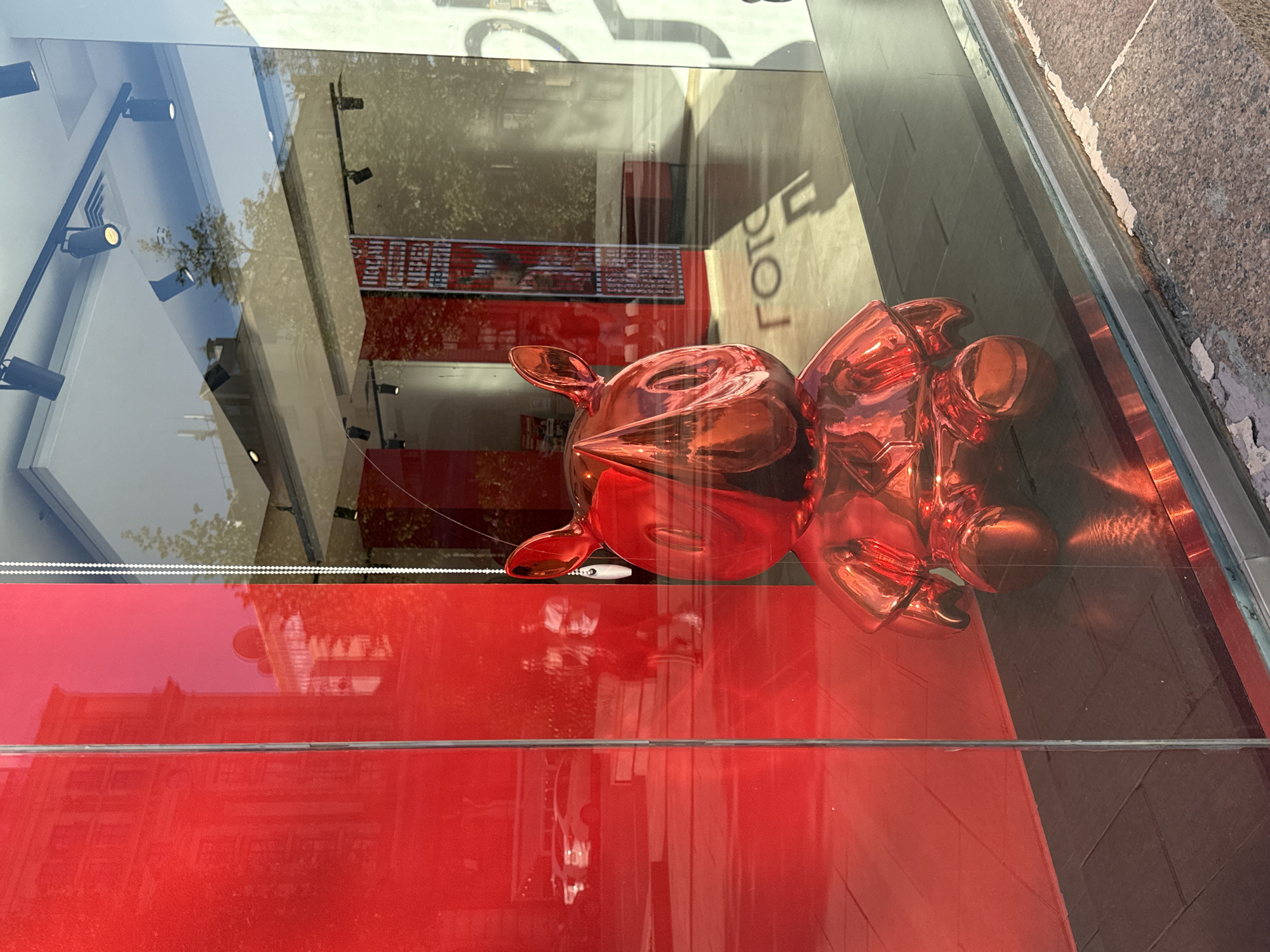 A glossy, metallic red sculpture resembling a stylized turtle with large, expressive ears is displayed in a shop window. The sculpture is positioned slightly off-center to the right, with its reflective surface mirroring the surroundings. The shop window reflects street scenes, including a red building facade with windows, cars, and two individuals walking. The interior of the shop is visible behind the sculpture, featuring track lighting on the ceiling and what appear to be retail displays. On the floor inside the store, the reflection of the sculpture creates a shadow, and the word "ГОТО" is partially visible on the floor, possibly part of a store name or signage. The shop appears to be situated on a street with a paved sidewalk.
