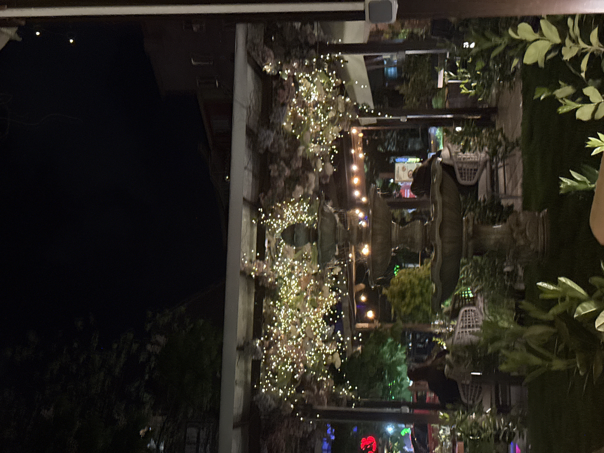 The image captures an outdoor scene in Sofia, Bulgaria at night. In the center, a water fountain, likely part of a restaurant or courtyard, is illuminated by lights. The area around the fountain is decorated with vegetation and string lights, enhancing the nighttime ambiance. Structures that look like outdoor seats. The overall setting suggests a relaxed and inviting atmosphere.