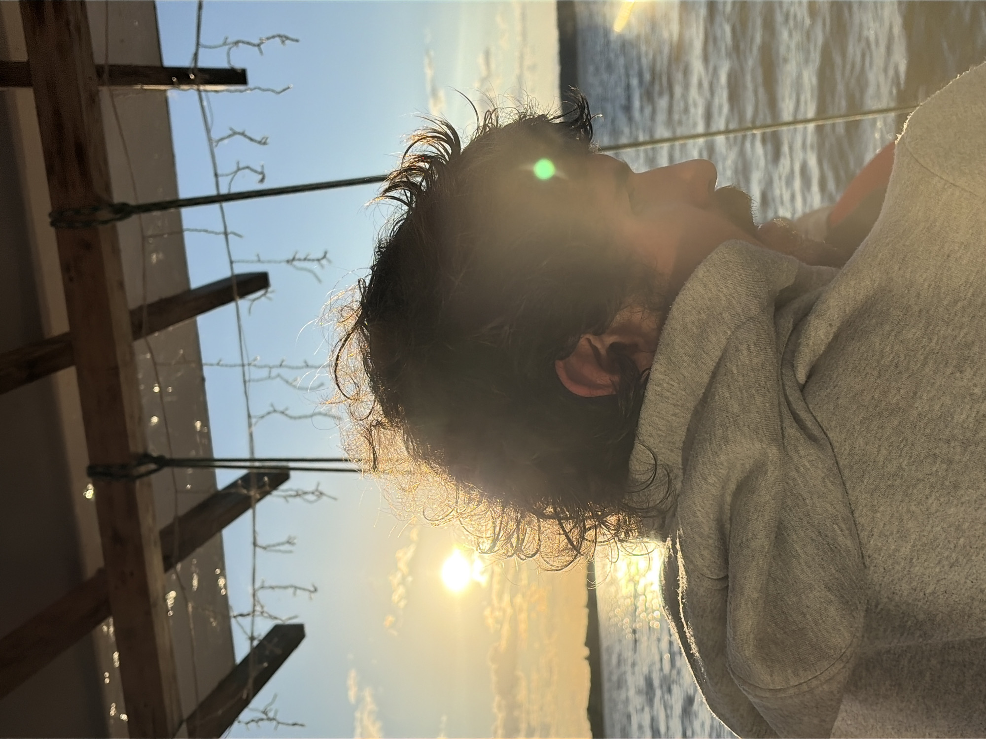 The image captures a close-up, side profile of a person from the shoulders up, facing towards the right of the frame. The person has dark, curly hair that is illuminated by the golden light of a setting sun. They are wearing a light gray hooded sweatshirt.
The background reveals a body of water, likely a river or lake, with gentle ripples on the surface. The sun is setting on the left side of the frame, casting a warm glow and creating lens flare. In the distance, a faint silhouette of land or trees can be seen along the horizon.
Above the person, a structure is visible, possibly a roof or awning made of wooden beams and white material. String lights are hanging from this structure, adding a decorative element to the scene. The sky is a clear blue with a few wispy clouds.
The image appears to be taken in Vidogoshchi, Russia, during the golden hour. The overall mood is serene and peaceful, with the natural light playing a significant role in the composition.