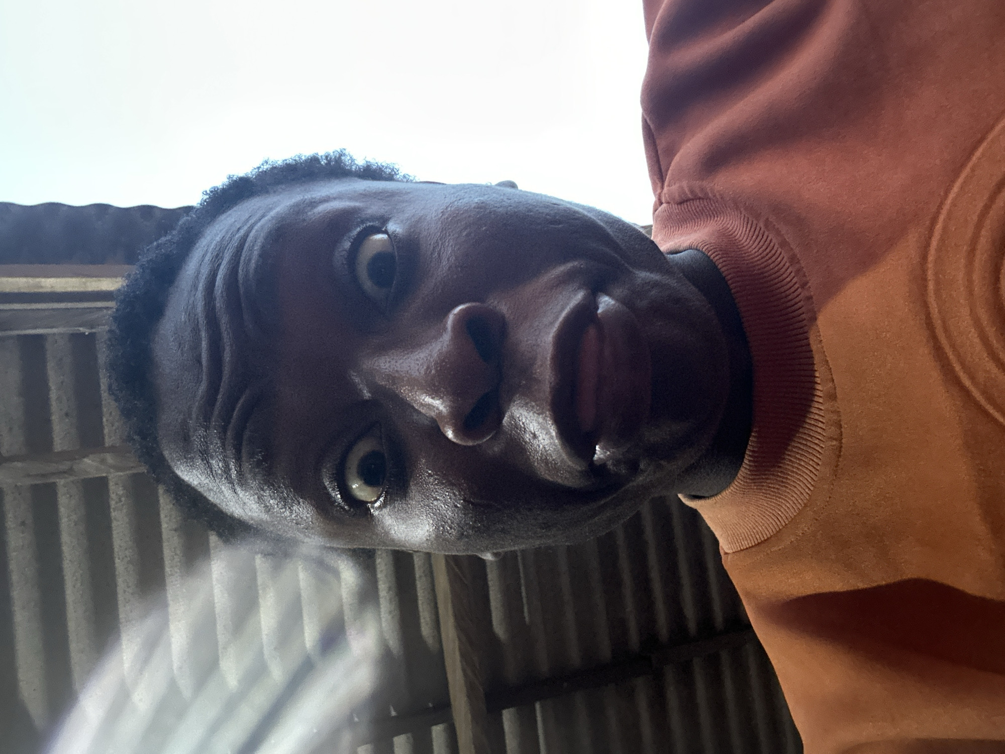 A close-up, low-angle shot of a dark-skinned person's face, positioned upside down. The person has short, dark hair and wide eyes, conveying a sense of surprise. The background consists of corrugated metal siding. The person is wearing a brown sweater. The location appears to be outdoors. Location, city and state unknown.