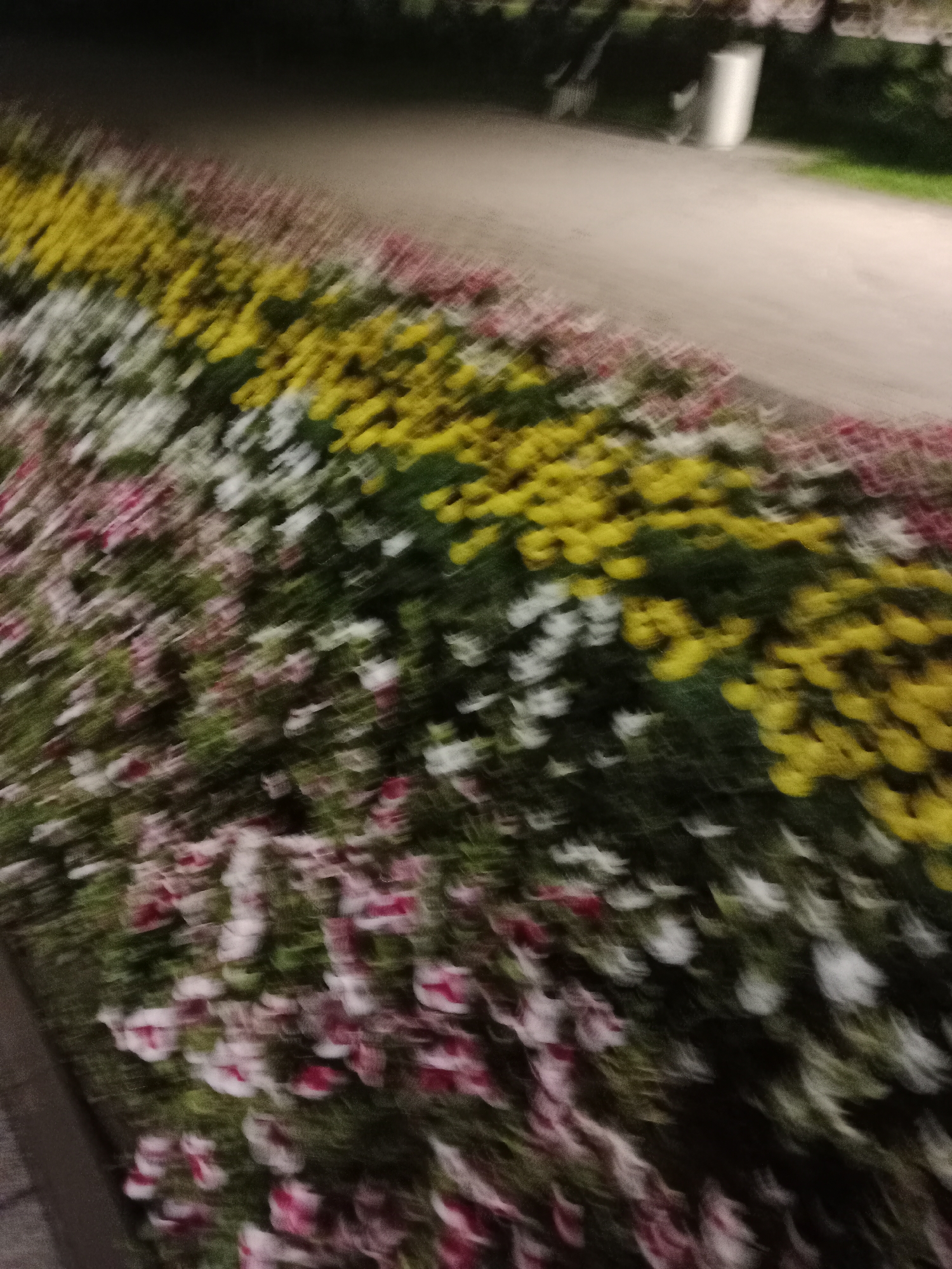 The image displays a blurred view of a flowerbed along a pathway, likely in a park or public space in Semey, Kazakhstan. The flowers are arranged in rows of distinct colors: pink and white, yellow, and a darker pink/red hue at the bottom. The pathway, appearing to be made of concrete or gravel, is visible to the right of the flowerbed. In the upper right portion of the image, a blurred white object, possibly a trash can or a small structure, is visible next to a patch of green grass. The overall scene is dimly lit, suggesting it was taken at dusk or night, and the blurriness is consistent with camera movement during the exposure.