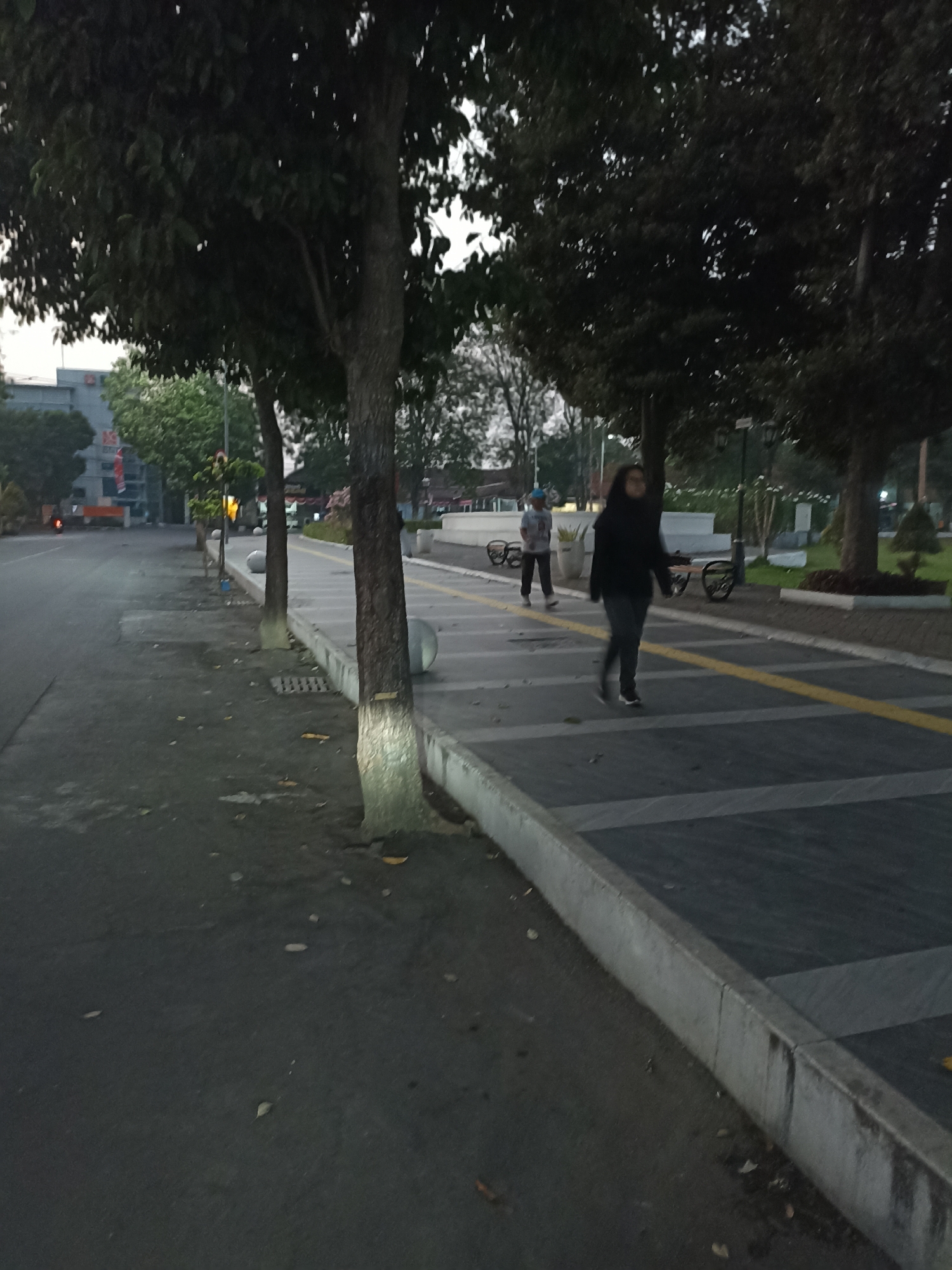 The image depicts a pedestrian walkway and an adjacent road in Lumajang, Indonesia. The walkway features a dark gray tiled surface with a bright yellow dividing line, bordered by a concrete curb. Two individuals are present: a woman in dark clothing is walking towards the right side of the frame on the walkway, and a person in lighter clothing and a blue hat is walking away from the camera on the same walkway, further in the background. Several trees are visible, some with painted white bases, lining the walkway and the road. In the background, there are buildings and streetlights. The overall scene suggests an outdoor public space, possibly a park or a well-maintained street, during the early morning or late evening, given the subdued lighting.