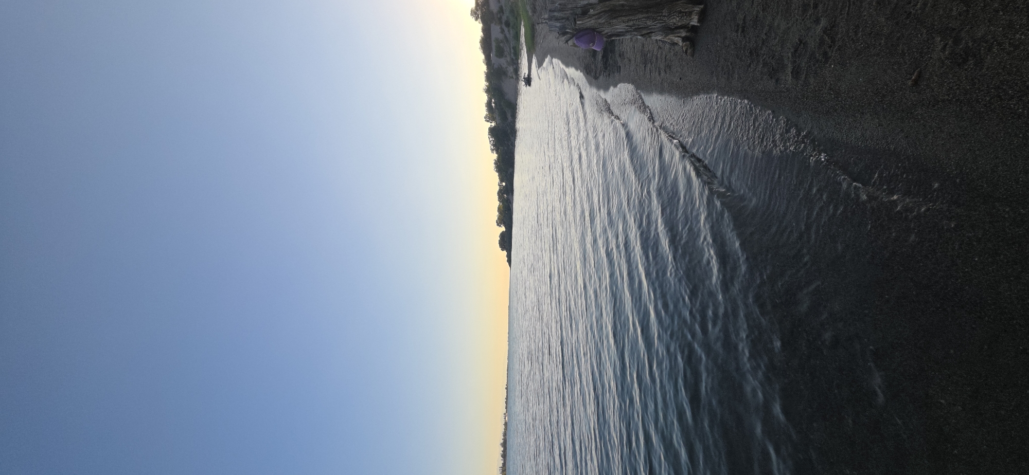 The image depicts a serene lakefront scene with a clear blue sky. The water, with gentle ripples, extends towards a distant shoreline lined with trees. The beach is composed of dark sand, with a weathered piece of driftwood prominent in the foreground on the right. A small, purple object, possibly a hat, is attached to the driftwood. In the middle ground, a person is seated on the sand. The overall atmosphere is calm and natural. The location is identified as Issyk-Kul, Kyrgyzstan.