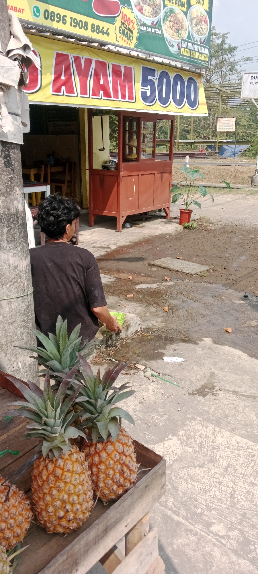 In Maguwoharjo, Indonesia, an outdoor scene captures a food stall with a prominent yellow banner displaying "AYAM 5000" in red and blue lettering. The stall itself is a small, reddish-brown structure with a glass display case. In the foreground, a wooden crate holds three ripe pineapples. To the left, a person wearing a black t-shirt is partially visible, facing away from the camera and holding a green bucket. The ground around the stall appears wet and is a mixture of concrete and dirt, with some scattered leaves. In the background, other stalls and various structures are visible, along with some vegetation and a blue tarp. The overall impression is of a typical street-side food vendor in an Indonesian setting.