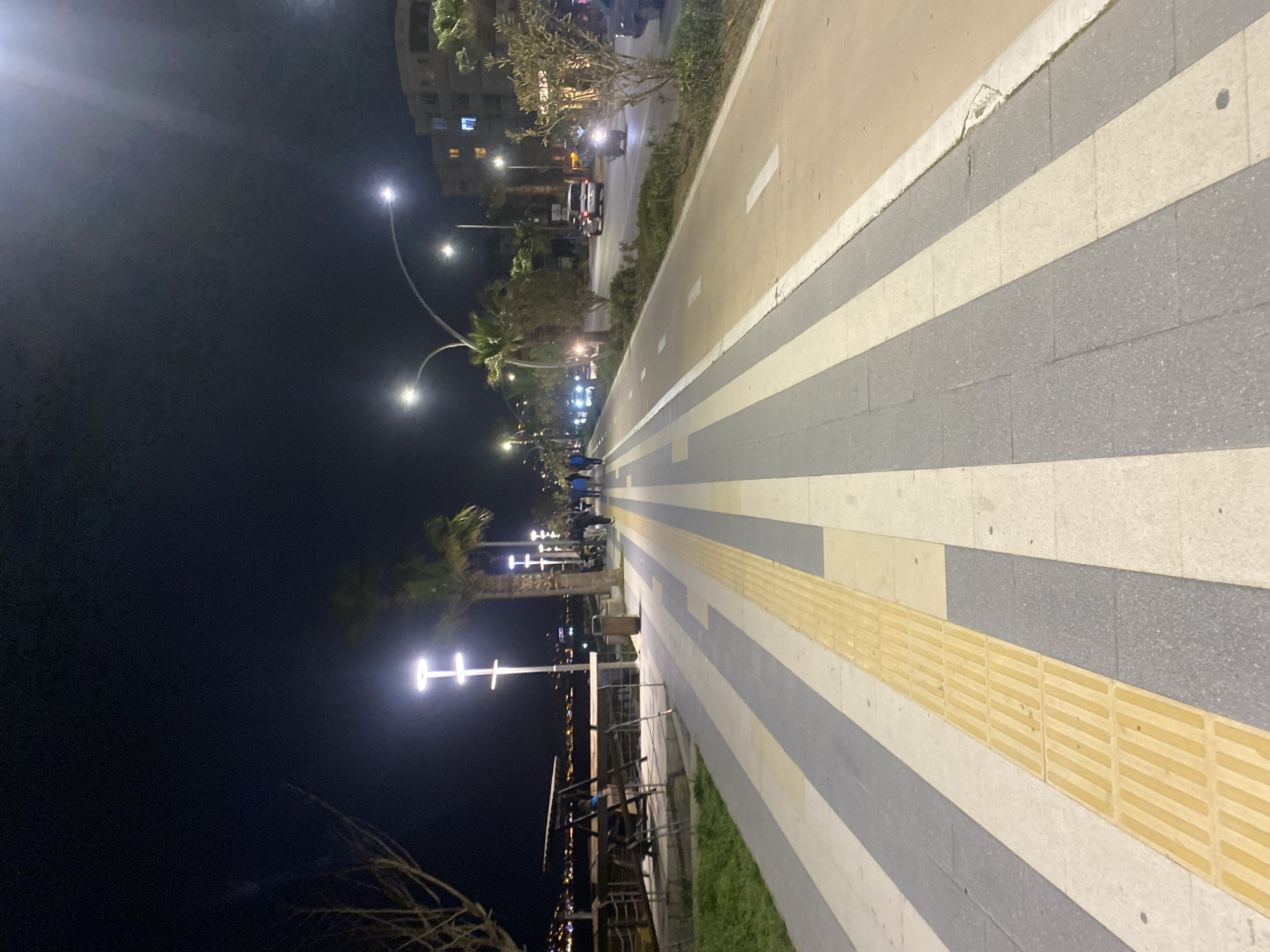 The image shows a pedestrian walkway at night in Alanya, Turkey. The walkway is paved with alternating light and dark gray blocks, with a strip of textured yellow blocks along one side. To the right of the walkway is a beige-colored path separated by a white line. In the distance, there are several people walking along the path. Along the left side of the walkway, there are several trees and streetlights. Beyond the trees, there is a body of water and some buildings. The sky is dark.