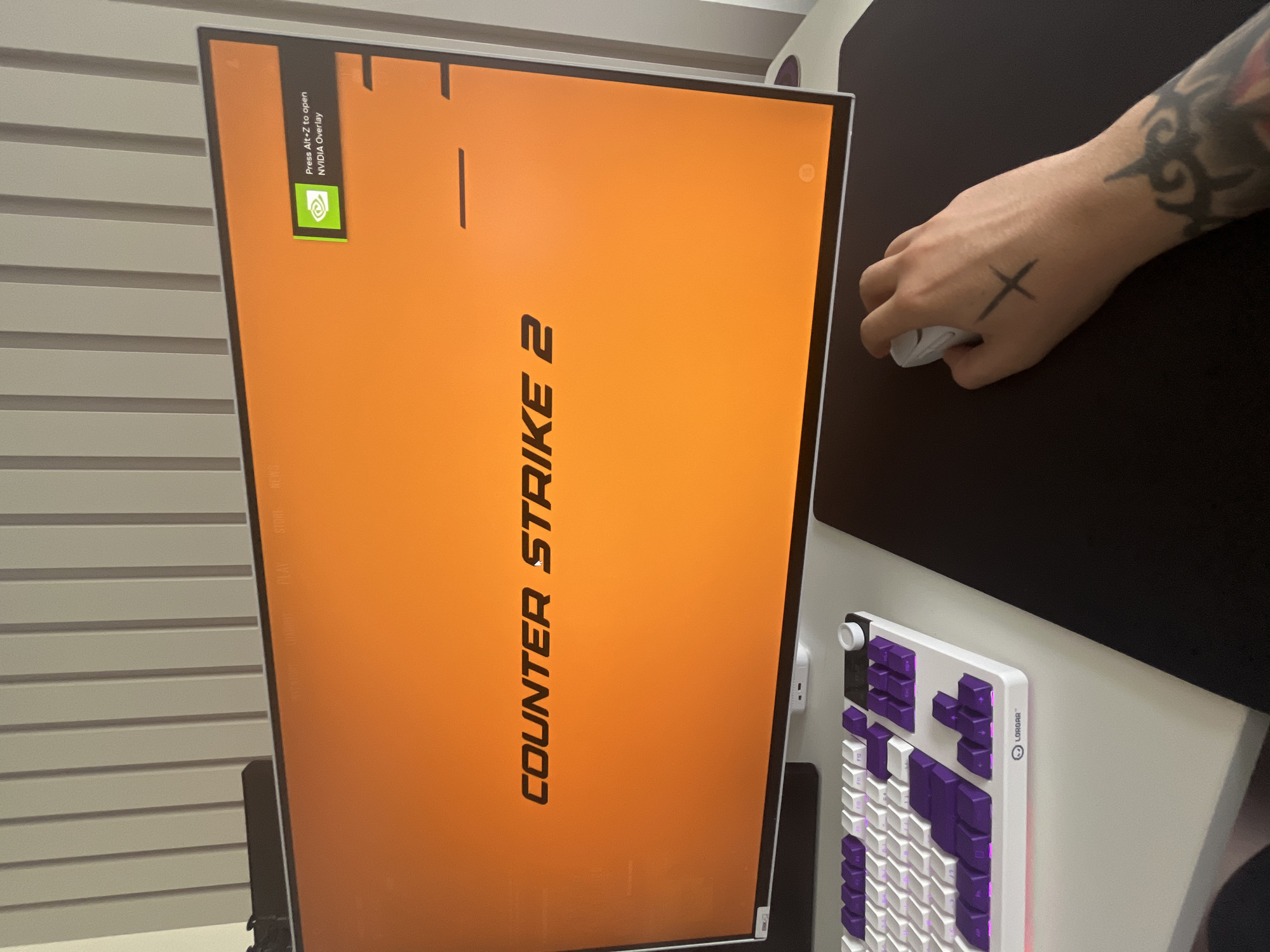 A monitor displaying the title screen for the video game "Counter-Strike 2" is prominently featured. The screen is orange, and the text is in black. A white and purple keyboard is situated next to the monitor. To the right of the monitor, a black mouse pad is visible, and a person's hand is holding a white mouse. The hand has a tattoo of a cross. The background shows a wall with horizontal slats. The NVIDIA overlay prompt is located in the top left of the screen. It's impossible to determine the location within Varna, Bulgaria based solely on this image.