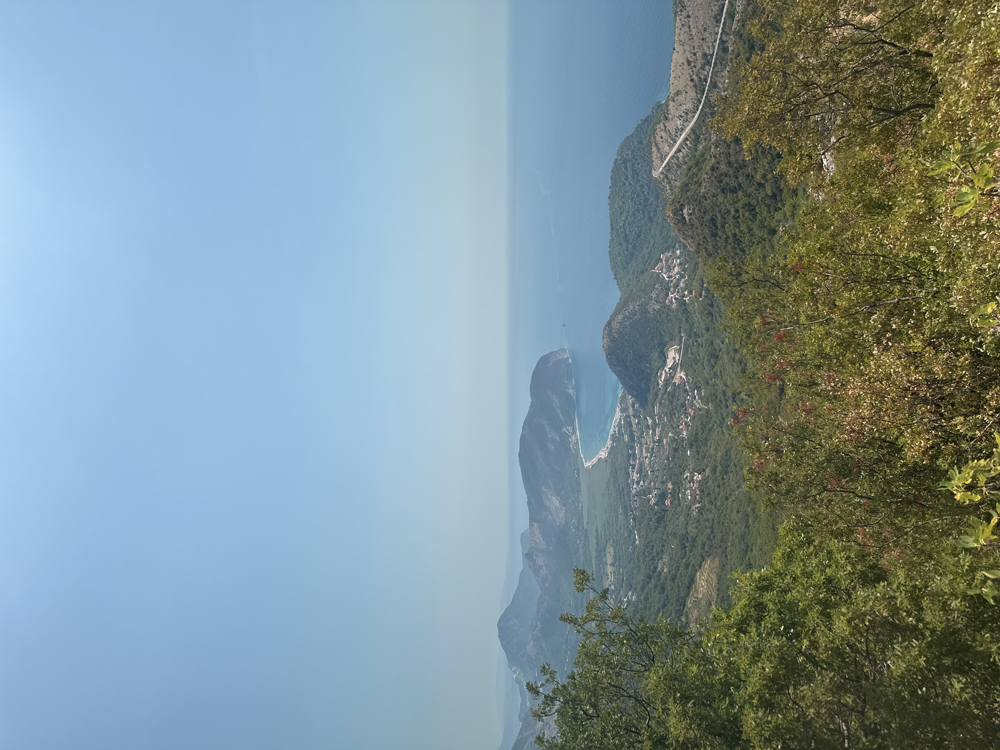 This image depicts a panoramic view from a mountainside overlooking a coastal landscape. In the foreground, lush green foliage, including trees with various shades of green and some with reddish-brown leaves, partially obscures the view. The foliage suggests a natural, somewhat wild environment.
As the eye moves further into the scene, the terrain slopes downwards, revealing a verdant valley dotted with scattered buildings, indicative of a settlement. The buildings appear to be residential, with red-tiled roofs visible on some. A winding road snakes through the landscape, connecting different parts of the area.
Beyond the valley, a distinct curve of coastline emerges, featuring a sandy beach that meets the clear blue waters of the Adriatic Sea. The sea stretches to the horizon, meeting a pale blue, cloudless sky. In the distance, several mountain ranges are visible, their peaks softened by atmospheric haze. The overall impression is one of a serene, natural setting with a human settlement integrated into the coastal environment. The location is identified as being near Androvići, Montenegro.