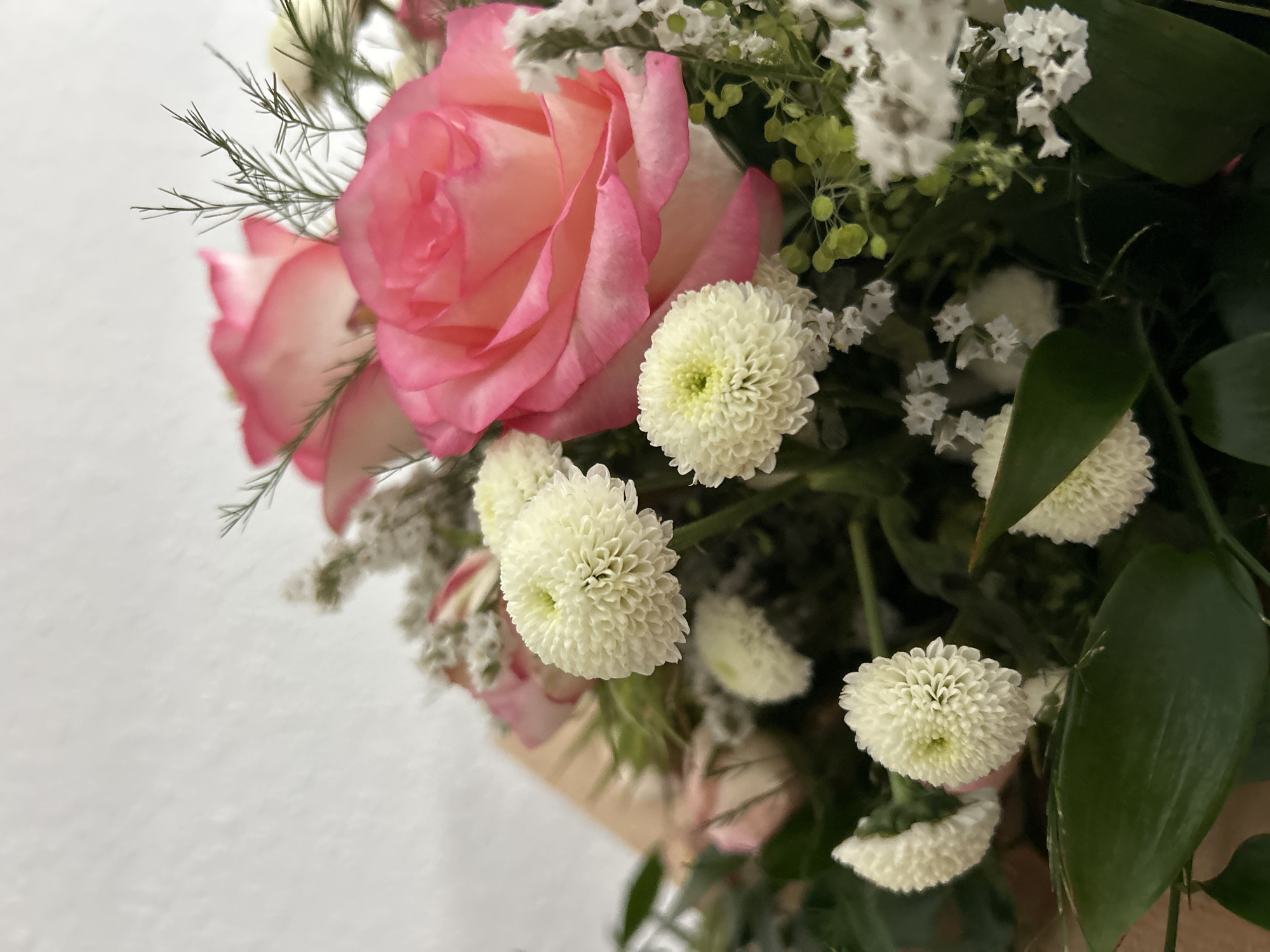 A detailed, close-up photograph displays a fresh floral bouquet, presented as if situated in Waldbröl, Germany. The arrangement is composed primarily of two prominent, partially open pink roses, their petals transitioning from vibrant pink at the edges to lighter tones centrally. Numerous small, spherical white pompon-style chrysanthemums are interspersed throughout, each exhibiting a dense, clustered petal structure and a light greenish-yellow core. The bouquet also contains delicate sprays of small white filler flowers, alongside various green foliage, including broad, dark green leaves and fine, feathery green fronds. The flowers are tightly grouped, suggesting a structured bouquet. The background consists of an out-of-focus, plain white or light-colored surface, with a hint of brown wrapping material visible on the left. No individuals or specific environmental markers for Waldbröl are discernible within the image. The illumination is soft and even.