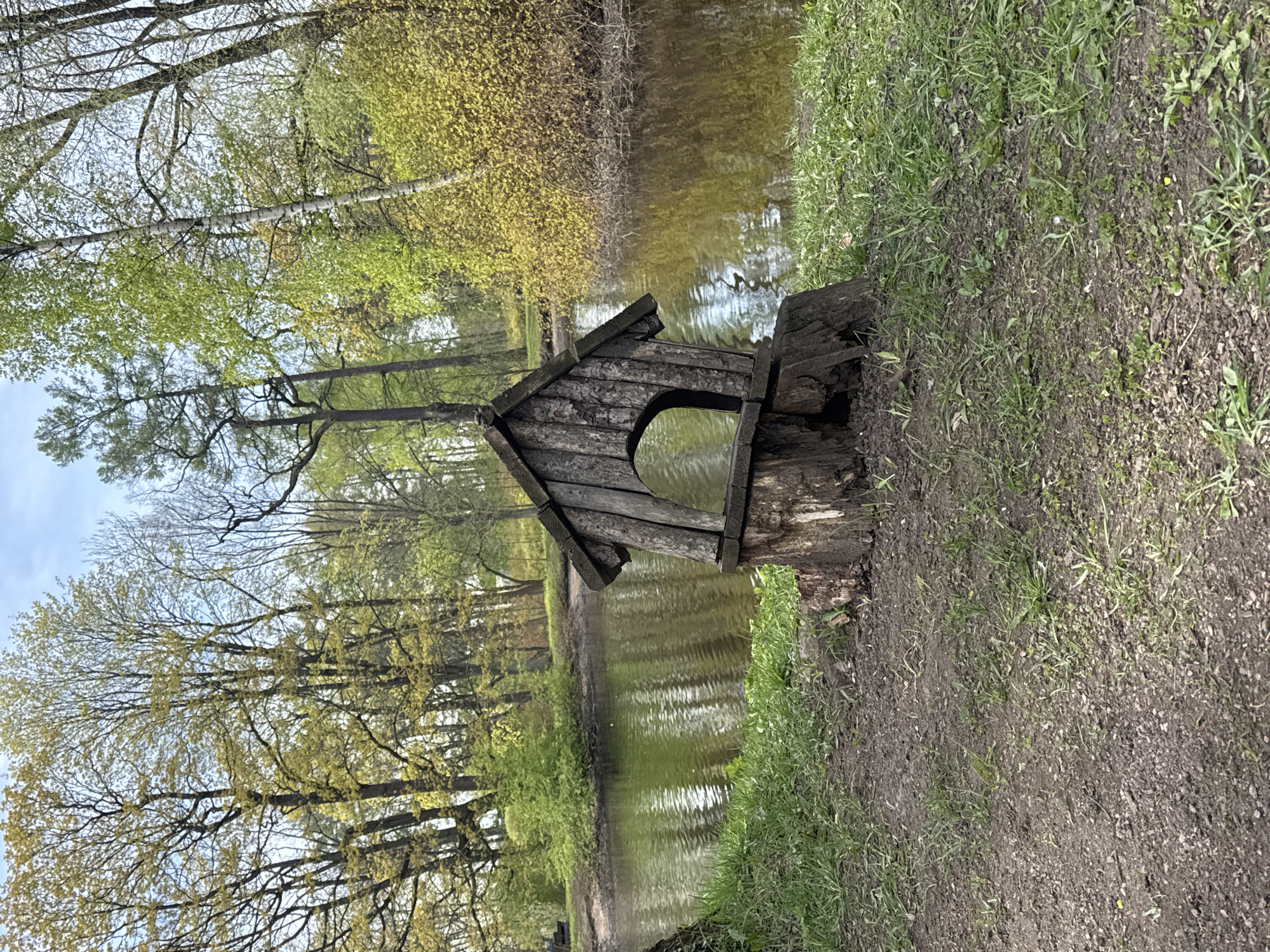 The image depicts a handmade wooden birdhouse affixed to a tree stump. The birdhouse has a circular opening. The background shows a body of water reflecting the surrounding trees. The ground is dirt with some grass. The image was taken in Saint Petersburg, Russia, but there is no further information available from the image.