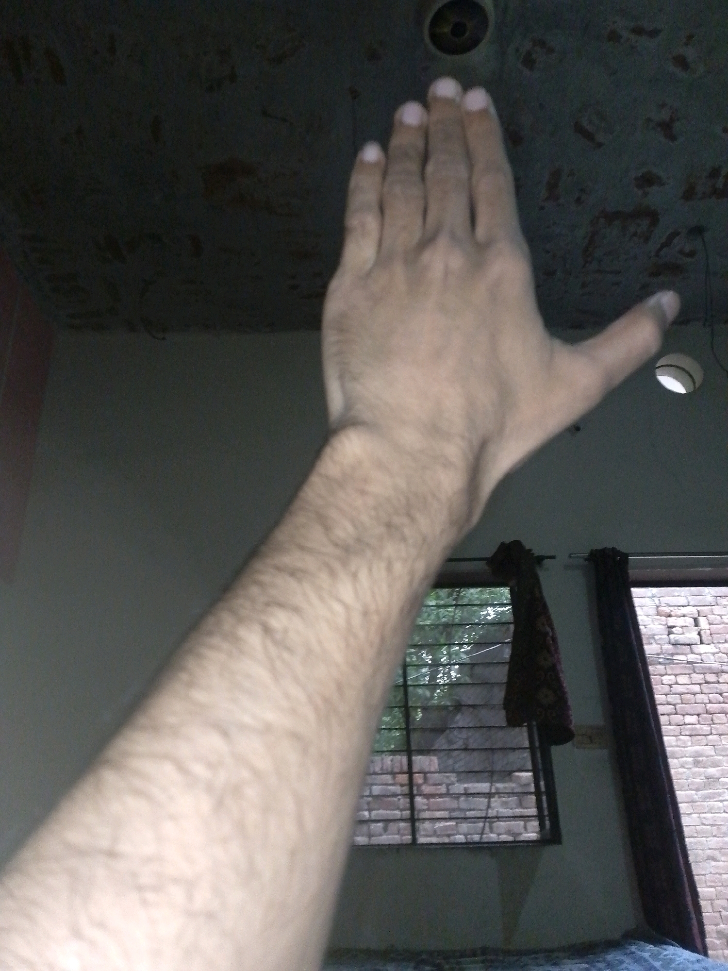 The image shows a close-up of a person's left arm and hand, which is raised in the air and positioned in the foreground. The arm is covered in dark hair. The hand is open, with the fingers extended upwards, except for the thumb which is bent. The background of the image features a room with a textured, dark ceiling that has some discoloration and a circular light fixture. To the right of the arm, there is a window with a lattice-like grill, covered by curtains. Through the window, a brick wall and some greenery are visible. The overall lighting suggests it might be daytime, with some artificial light present. The location is identified as Depalpur, Pakistan, suggesting an indoor setting in a residential or commercial building. There are no other individuals visible in the image. The focus is entirely on the human limb and its immediate surroundings within the room.