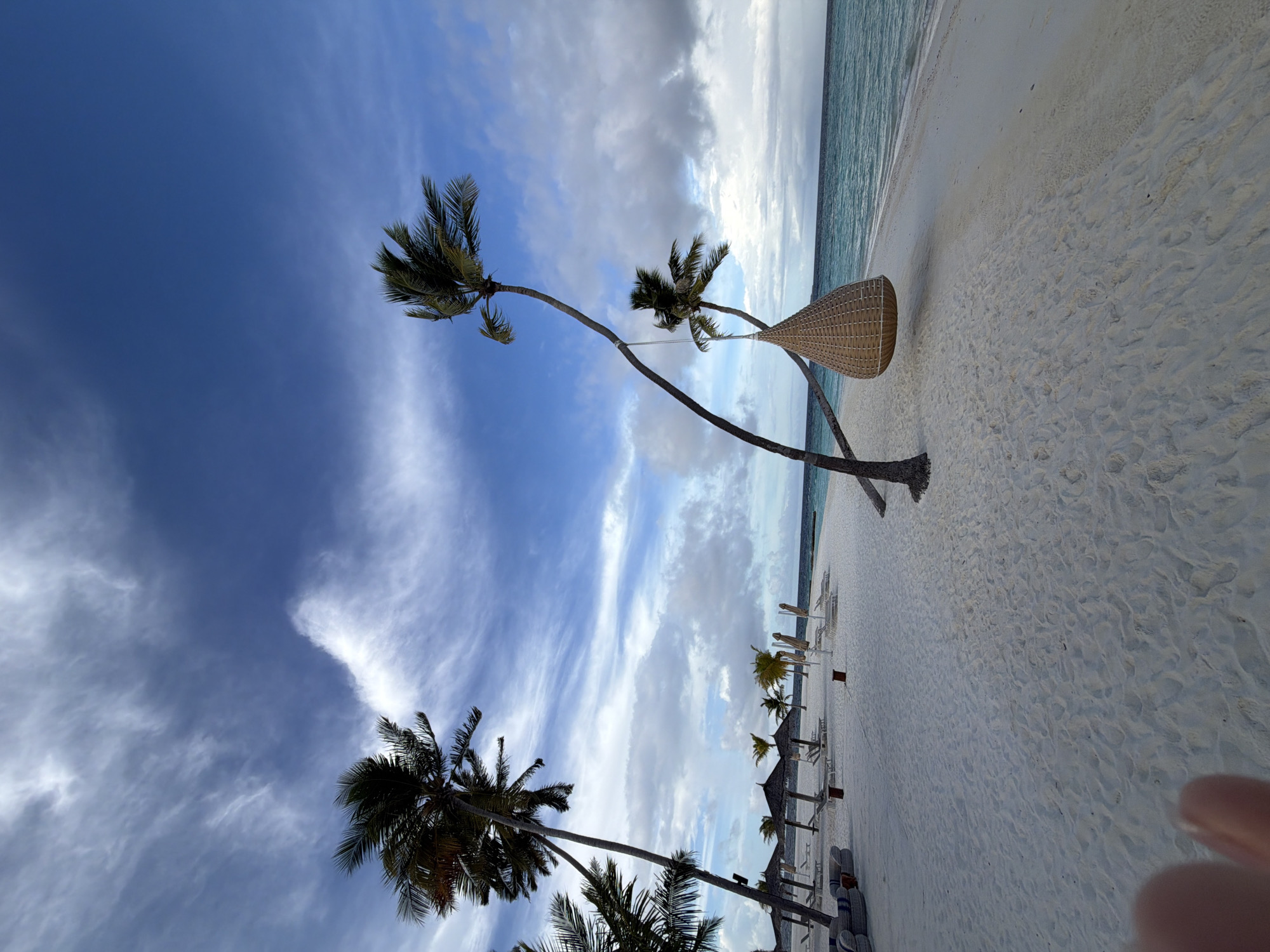 A wide-angle, outdoor, eye-level shot captures a serene tropical beach scene in Halaveli, Maldives. The foreground is dominated by pristine white sand, showing subtle footprints and a shadow of a finger in the lower left corner. A distinctive woven hanging chair, suspended between two leaning palm trees, is a central focus.
Further into the scene, rows of thatched umbrellas and lounge chairs are arranged on the beach, suggesting a resort setting. The midground features more palm trees, some leaning dramatically towards the water, and the calm, turquoise ocean stretches out to the horizon. The sky is a vibrant blue, adorned with wispy white clouds and streaks of cirrus, indicating fair weather with some atmospheric texture. The overall impression is one of tranquil beauty and a secluded paradise.
