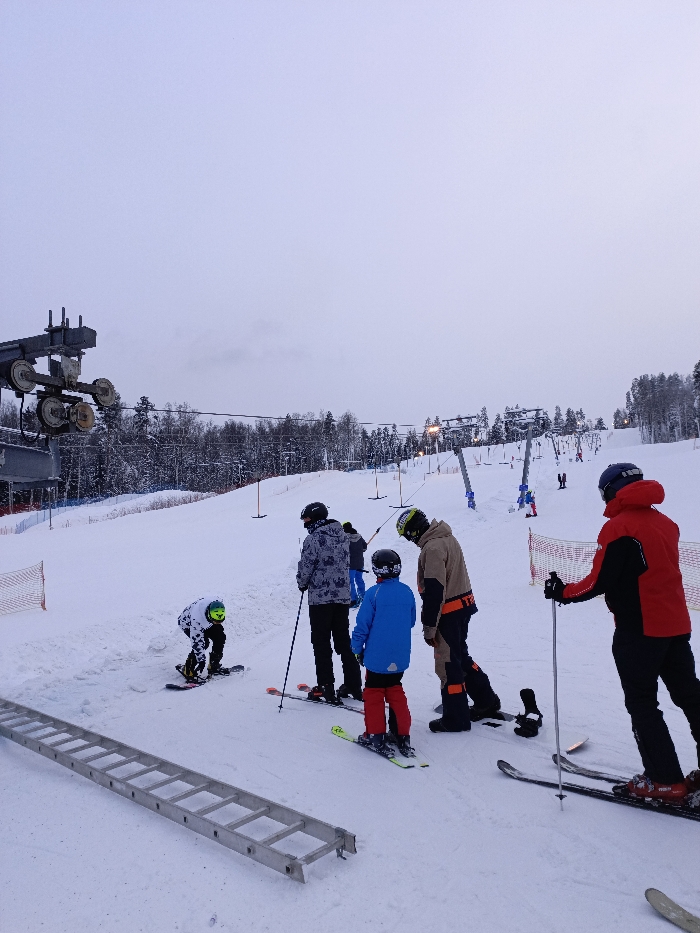 The image captures a winter scene at a ski resort, likely during early morning, late afternoon, or on an overcast day, given the diffused light and the presence of artificial lighting on some ski lift structures in the distance. The ground is entirely covered in fresh, white snow, and a dense line of snow-laden evergreen trees forms the backdrop, separating the ski slope from the sky.
In the foreground, several individuals are gathered on the snow, equipped for skiing and snowboarding. To the far left, a person wearing a black and white checkered jacket and a yellow-green helmet is kneeling on a snowboard, appearing to adjust their bindings or prepare to stand up. Directly behind this person, on the left side of the image, a large, silver metal structure with multiple pulleys, part of a ski lift mechanism, rises against the sky. Below this, an orange safety net is visible along the edge of the slope. A long, silver-colored metal ladder lies horizontally on the snow in the bottom left corner of the image.
Moving from left to right in the foreground, there are four other individuals. The first, seen from the back, wears a grey and black patterned jacket and a black helmet, standing on skis and holding ski poles. Next to them, a child or young person in a bright blue jacket, red pants, and a black helmet is also on skis, facing away from the camera. Beside the child is an adult in a brown or khaki-colored jacket with orange accents, black pants, and a green-yellow helmet. This person is standing on skis, looking towards the left, with their back slightly turned to the camera. Furthest to the right in the foreground, another adult wears a vibrant red and black jacket, black pants, and a dark helmet, standing on skis and holding ski poles, also looking towards the left side of the frame. All individuals in the foreground are wearing helmets, indicating safety precautions.
Further up the snow-covered slope in the mid-ground and background, multiple ski lifts, possibly T-bar lifts, are visible, ascending the hill. Some of these structures have lights on them. Other skiers and snowboarders can be seen scattered across the wider slope, either heading up or preparing to descend. The overall activity suggests a busy day at a winter sports location, with people either waiting in line for lifts, taking a break, or preparing to engage in their chosen snow sport. No discernible text is visible in the image.