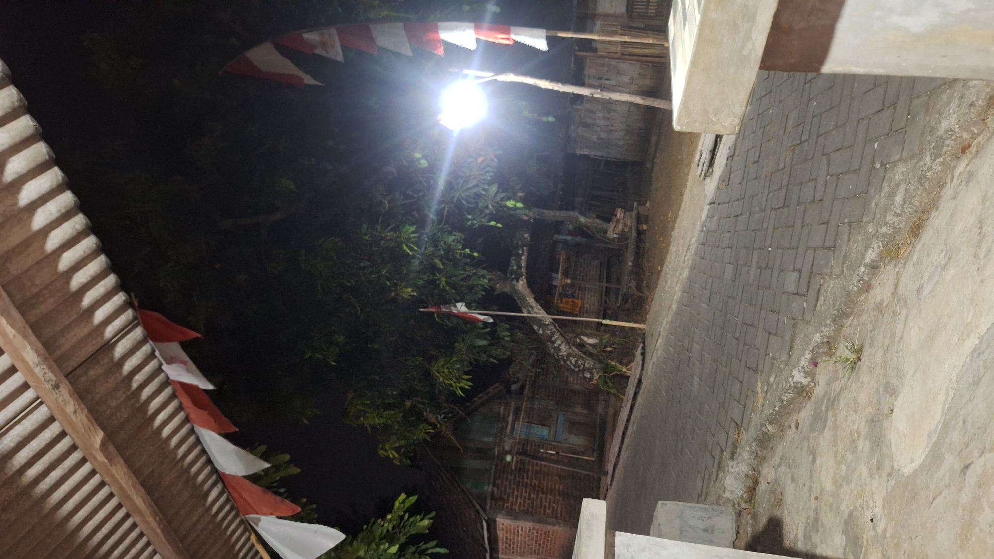 The image depicts a dimly lit outdoor scene at night, likely in a rural or semi-rural area of Widodaren, Indonesia. In the foreground, a concrete pathway is visible, with a small purple flower growing from a crack. Beyond this, a paved road made of dark gray interlocking bricks stretches into the distance. To the left and right of the road, the ground is a mix of dirt and sparse vegetation.
The background features a traditional brick house with a tiled roof and wooden window frames. Adjacent to the house, a large tree with dense foliage stands prominently. A flagpole with a red and white Indonesian flag is planted near the tree.
Several elements suggest a festive or commemorative occasion. Red and white pennant flags are strung from a wooden awning or structure on the left, and a similar string of pennants is visible on the right side of the image. A bright artificial light source, possibly a street lamp, illuminates the scene from the right, casting lens flares. Wooden structures and fencing are also present in the background, hinting at a simple, perhaps rustic, setting. The overall impression is one of a quiet evening in a residential area, possibly adorned for a local celebration.