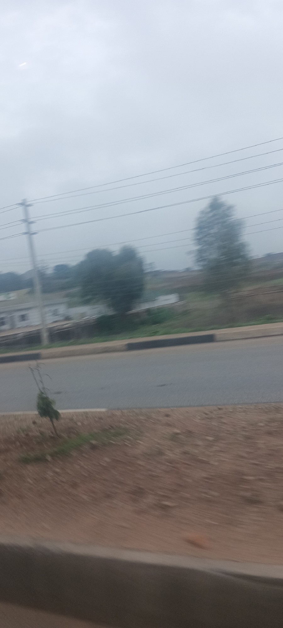 This image captures an outdoor scene from the perspective of a moving vehicle, evidenced by the motion blur, particularly in the foreground. The setting appears to be a roadside area under an overcast sky.
In the immediate foreground, there is a reddish-brown expanse of ground, likely dirt or dry soil, interspersed with small patches of green vegetation. A slender plant or sapling with green leaves is visible on the left side. A paved, grey asphalt road runs horizontally across the frame, separated from the foreground by a dark curb.
The midground features a prominent utility pole with several horizontal power lines stretching across the upper half of the image. Behind the road and curb, there are indistinct shapes of green trees and distant, light-colored buildings, possibly houses, suggesting a rural or semi-urban environment. The background is dominated by a light grey, cloudy sky, with a faint, slightly brighter spot in the upper left corner.
No specific human activity is visible. The time of day is daytime, but the overcast sky indicates diffused light rather than direct sunlight. There is no discernible text in the image.